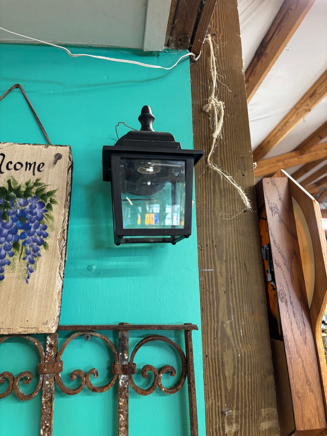 Vintage Black Metal Wall Lantern Porch Light Fixture with Beveled Glass Panels