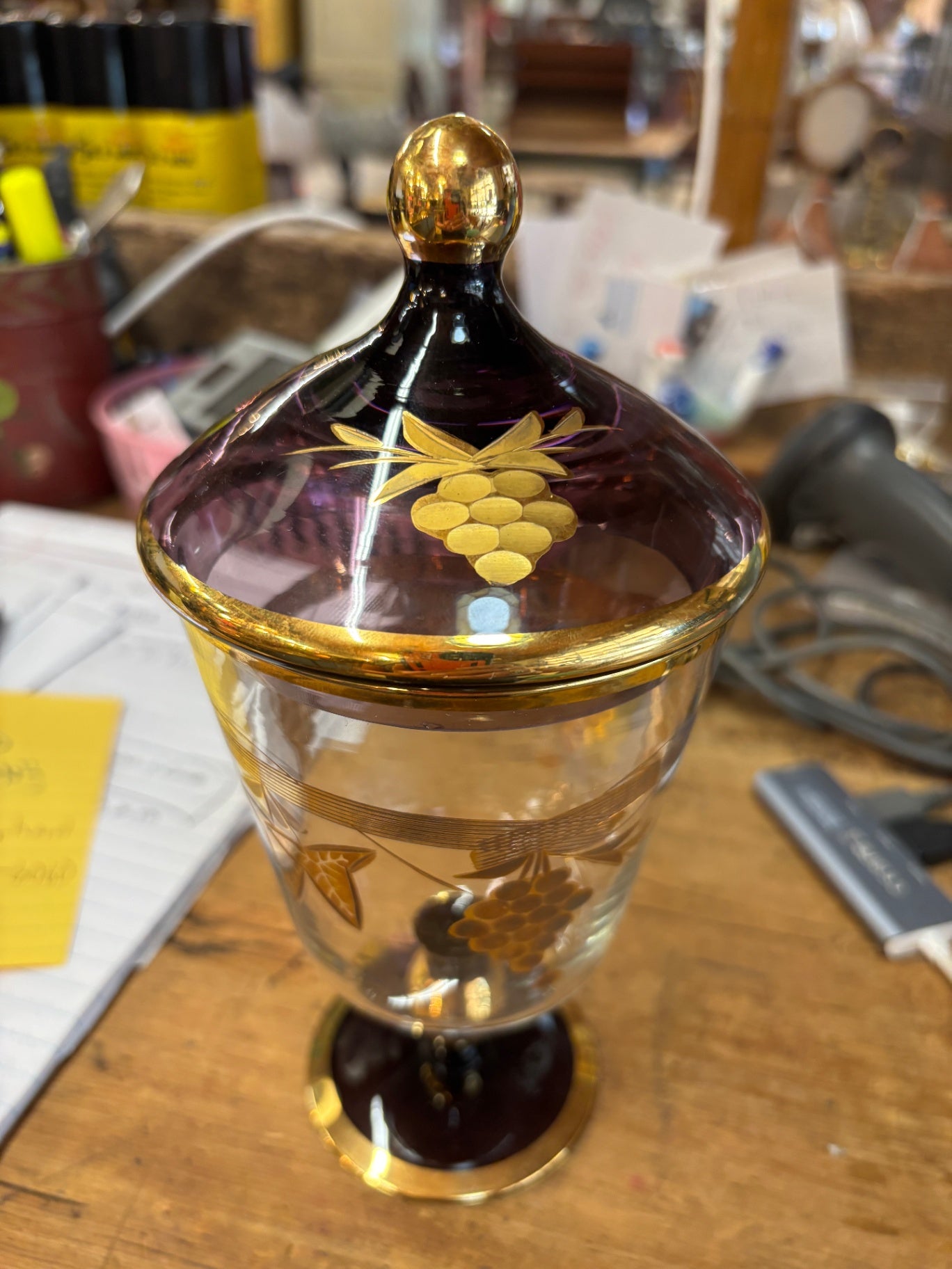 Vintage Amethyst Glass Covered Candy Dish or Apothecary Jar with 22K Gold Grape Decoration
