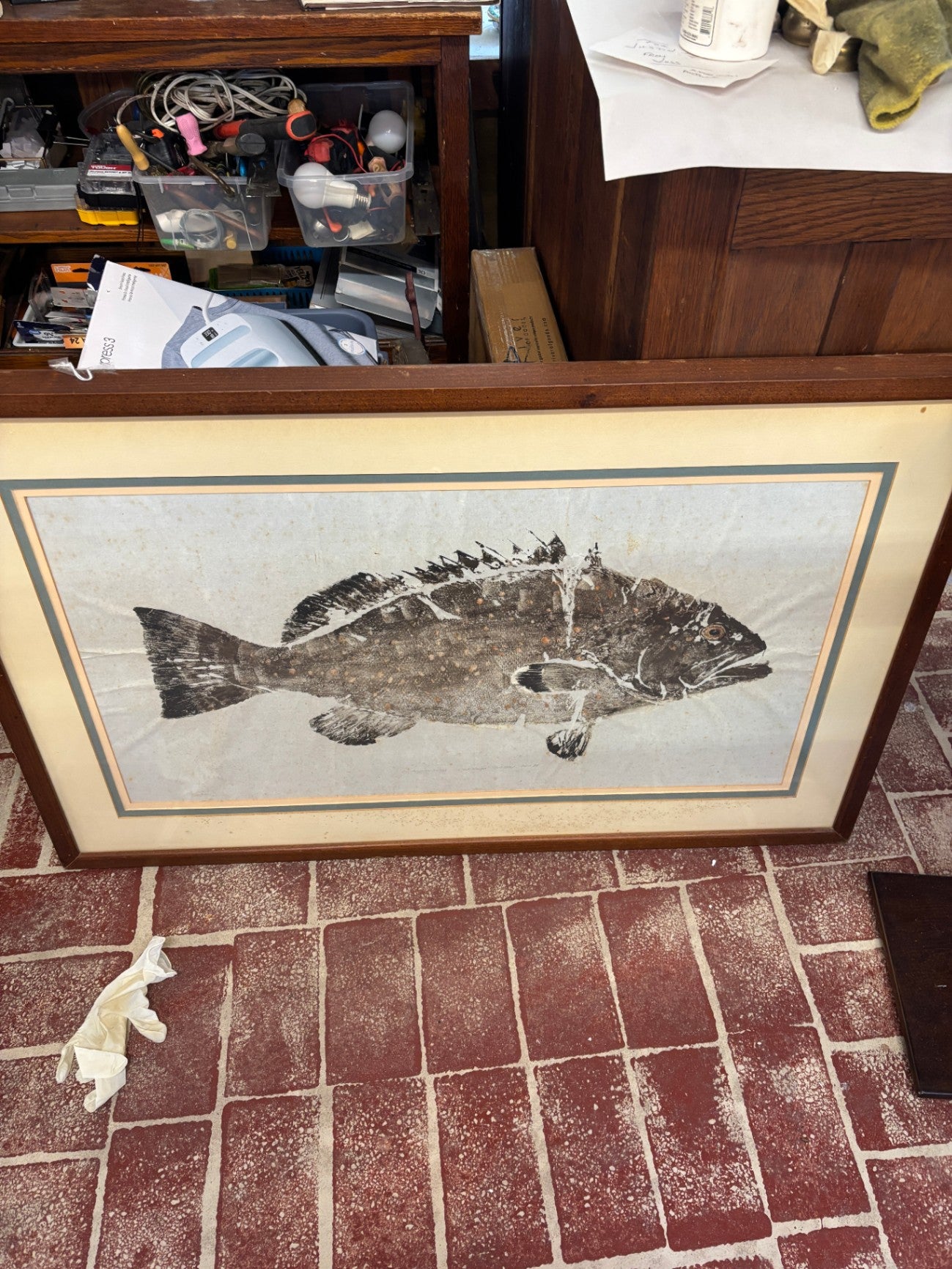 Vintage Gyotaku Fish Print Framed Japanese Nature Art – Black Sea Bass
