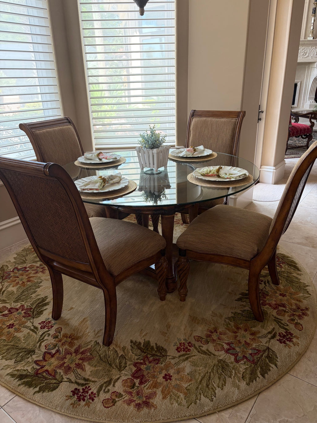 High-End Contemporary Round Glass Dining Table Set with 6 Upholstered Chairs – Burl Wood & Tempered Glass
