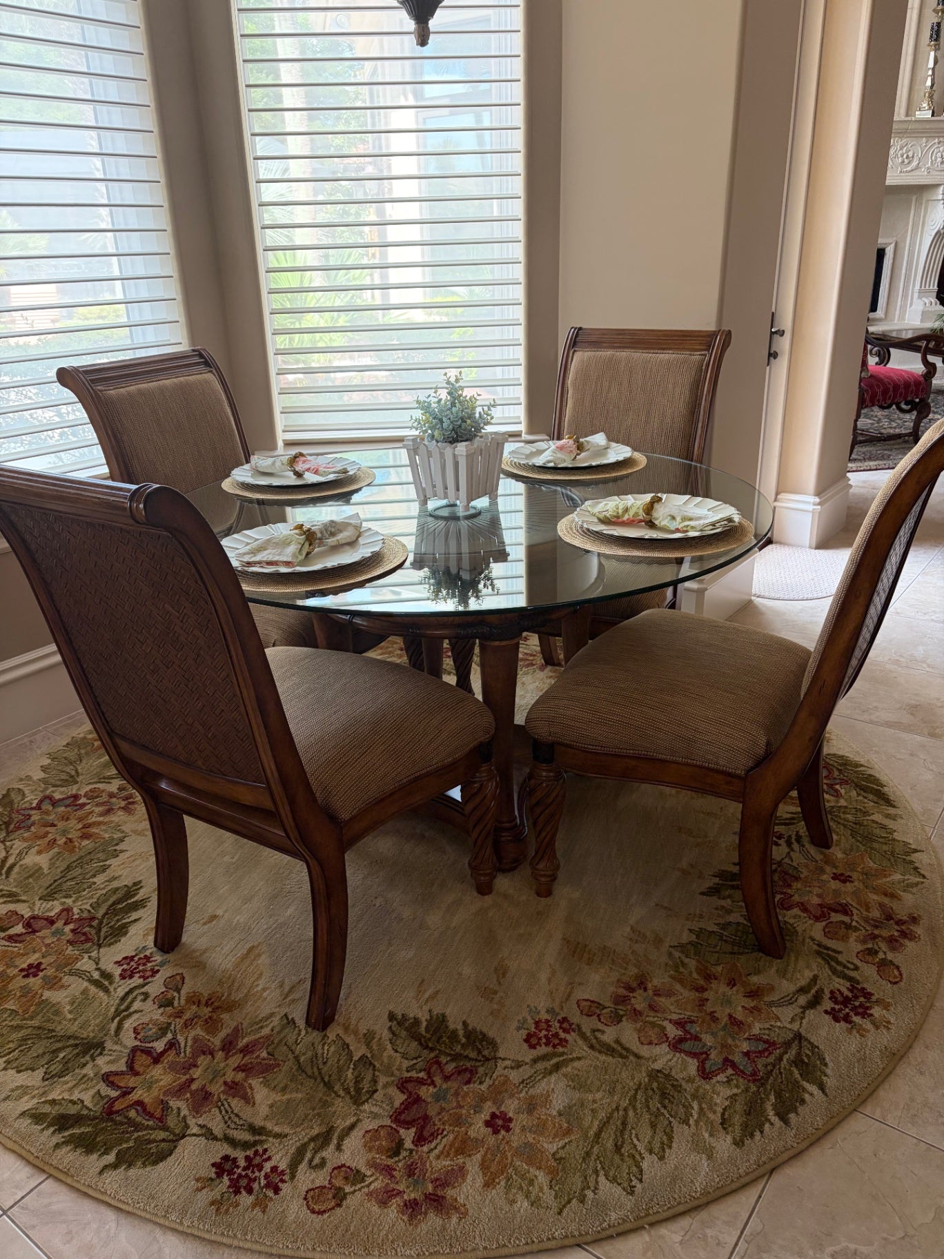 High-End Contemporary Round Glass Dining Table Set with 6 Upholstered Chairs – Burl Wood & Tempered Glass