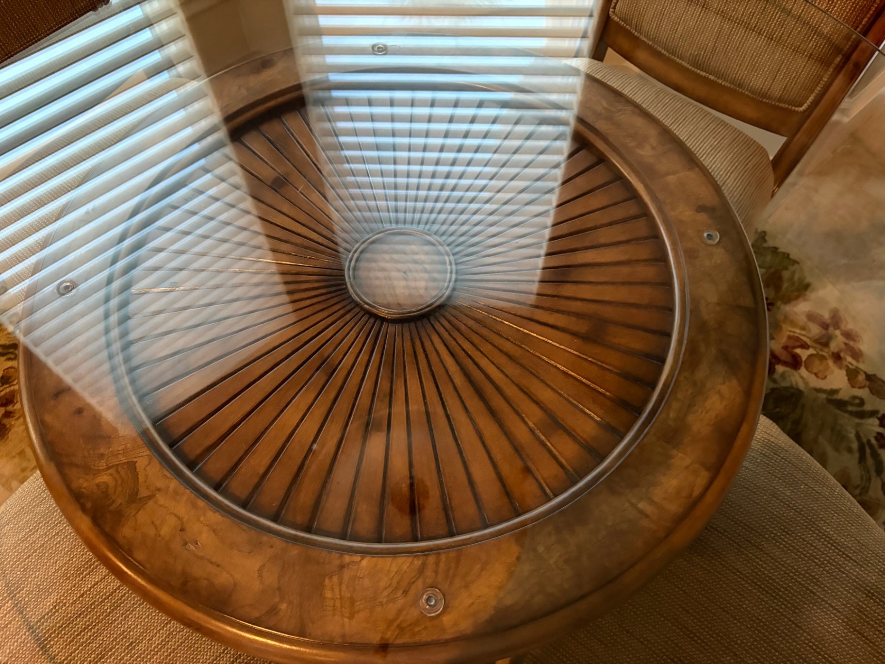 High-End Contemporary Round Glass Dining Table Set with 6 Upholstered Chairs – Burl Wood & Tempered Glass