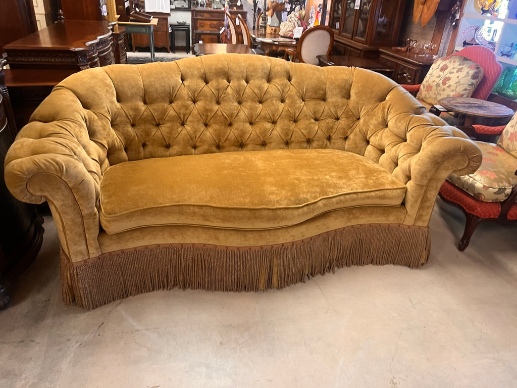Century Furniture Custom Tufted Curved Velvet Sofa – Traditional Camel Gold Bench Seat