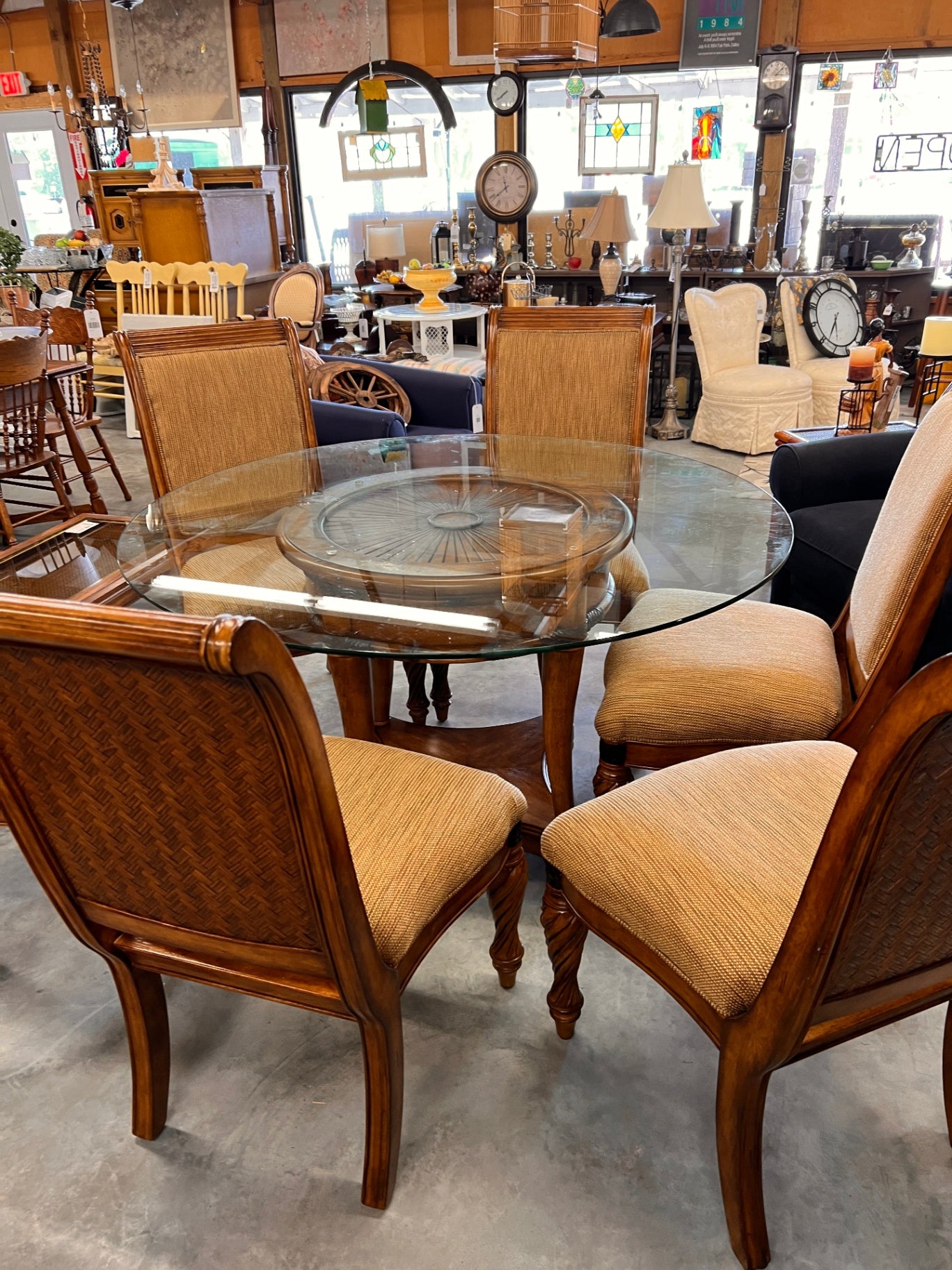 High-End Contemporary Round Glass Dining Table Set with 6 Upholstered Chairs – Burl Wood & Tempered Glass