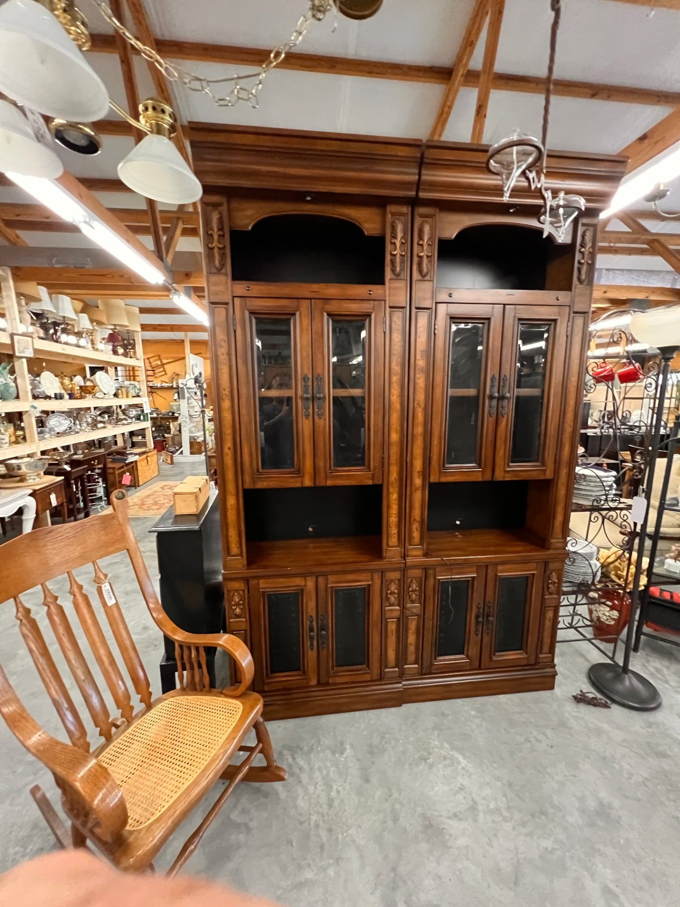 Pair of Lighted Traditional Curio Bookcases – Solid Wood Display Cabinets – 97" Tall