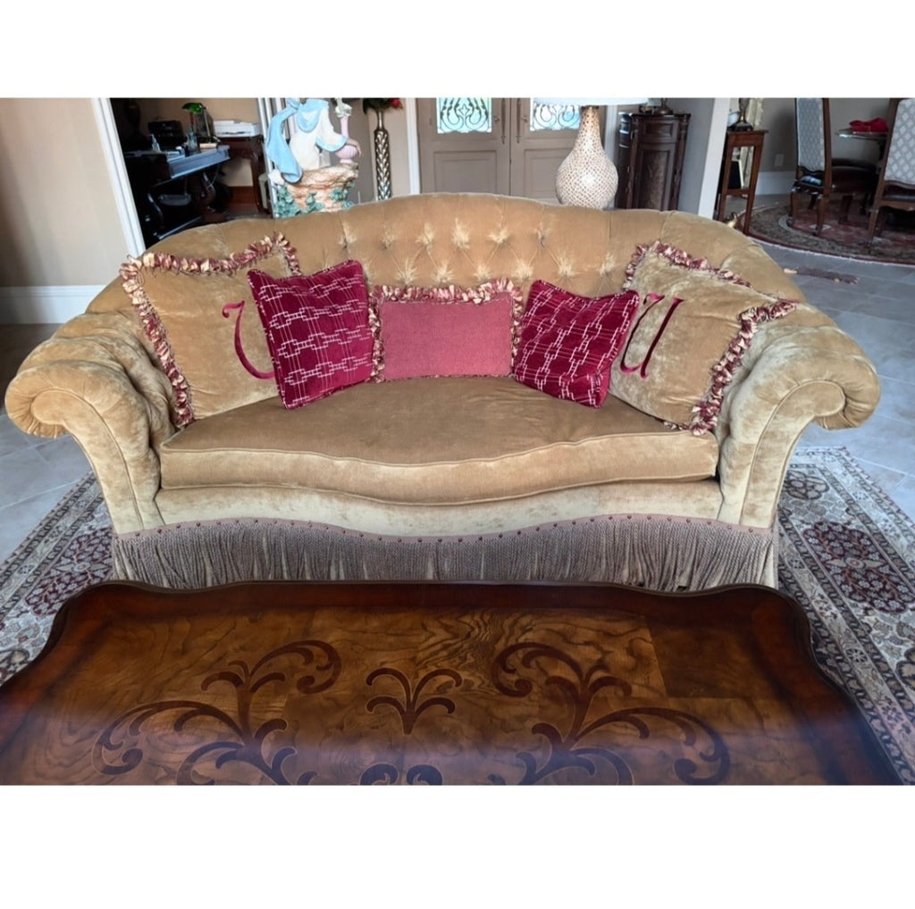 Century Furniture Custom Tufted Curved Velvet Sofa – Traditional Camel Gold Bench Seat