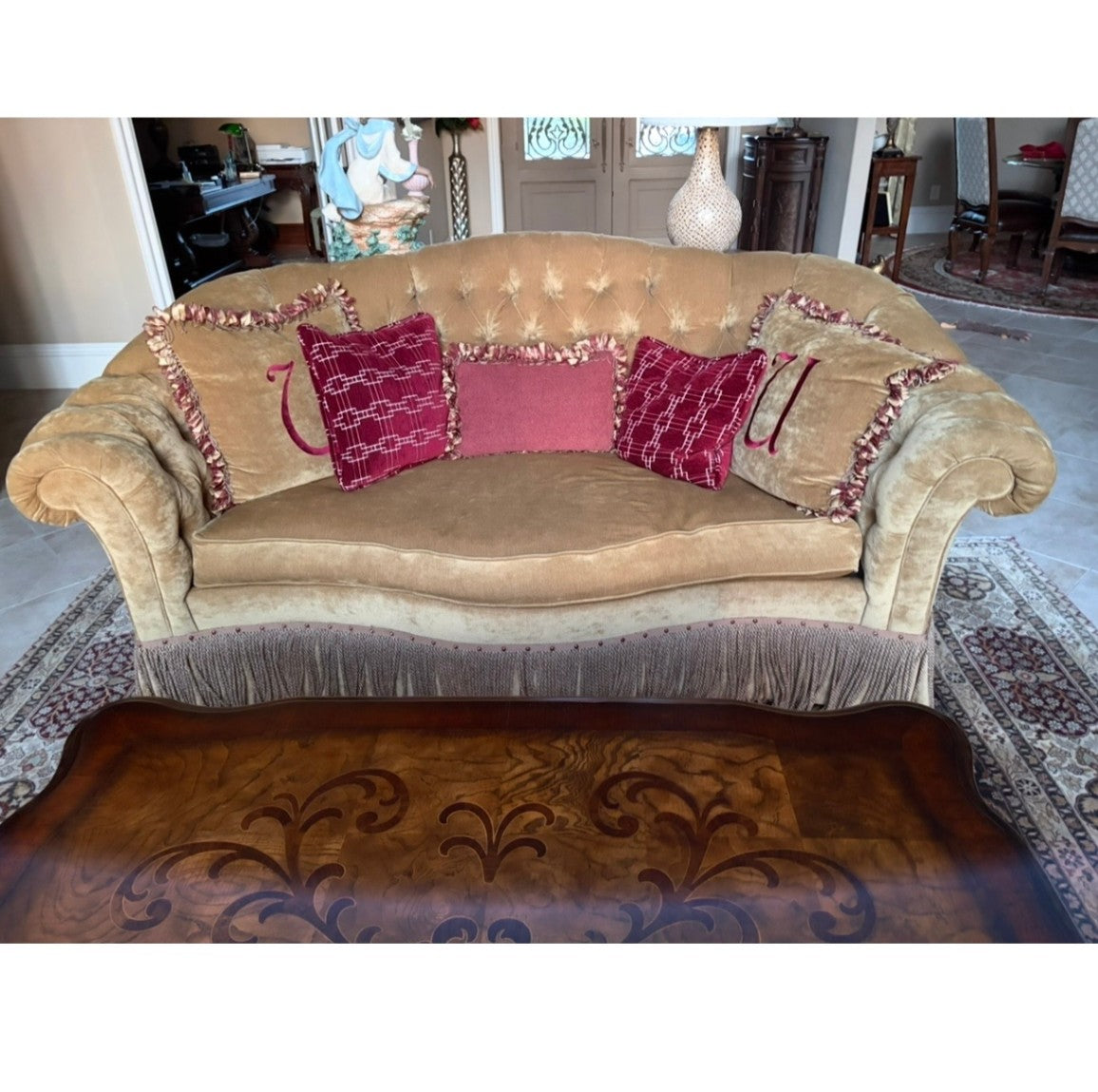 Century Furniture Custom Tufted Curved Velvet Sofa – Traditional Camel Gold Bench Seat