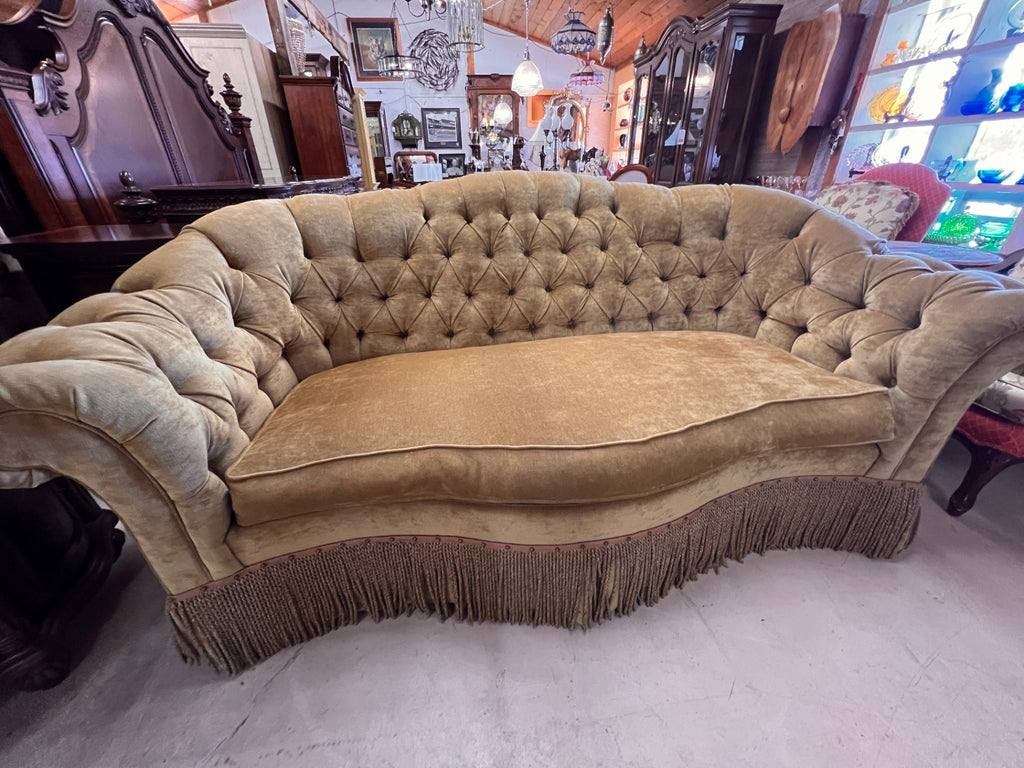 Century Furniture Custom Tufted Curved Velvet Sofa – Traditional Camel Gold Bench Seat