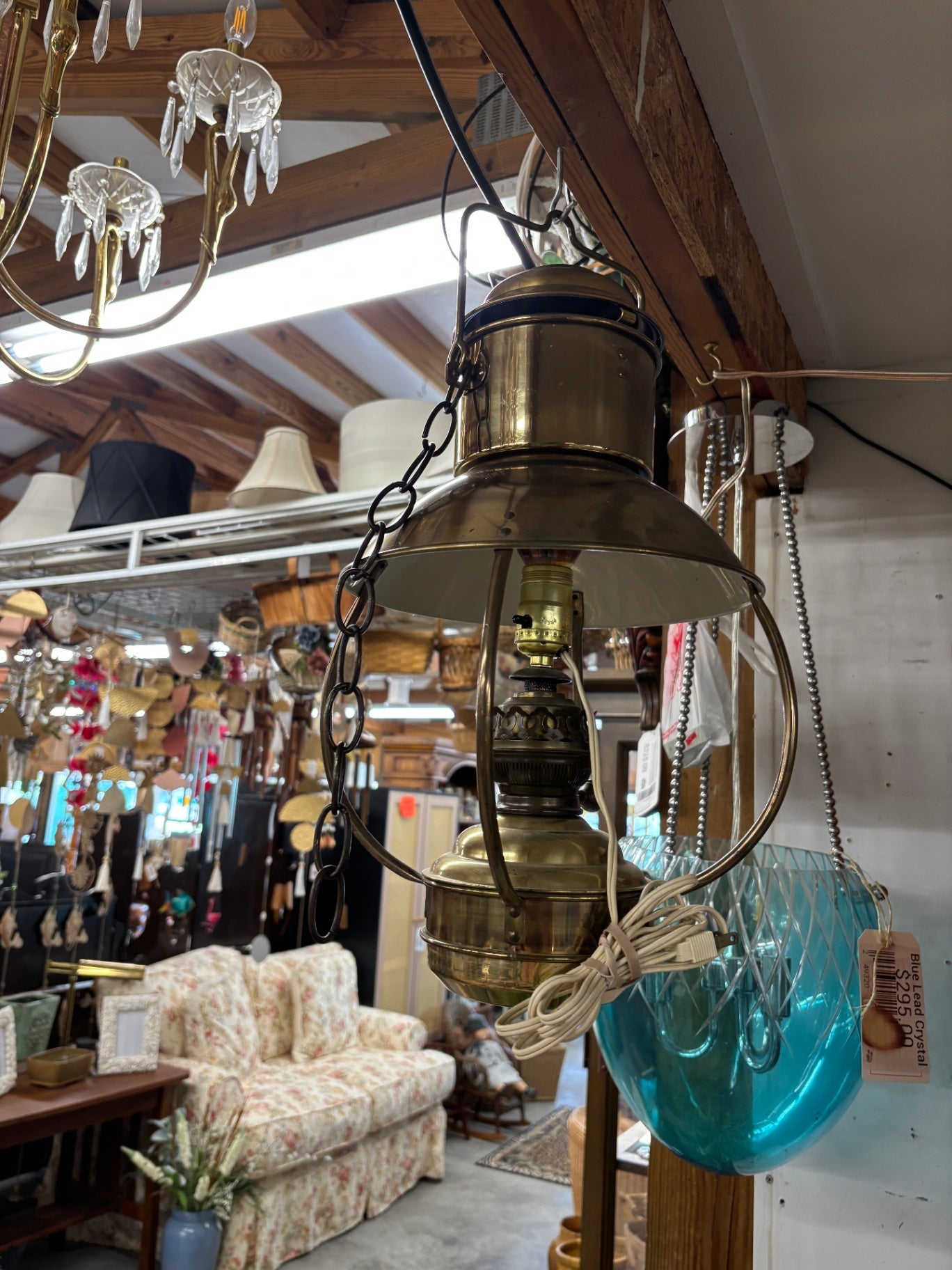 Vintage Electrified Brass Hanging Kerosene Lantern Chandelier with White Enamel Reflector Shade