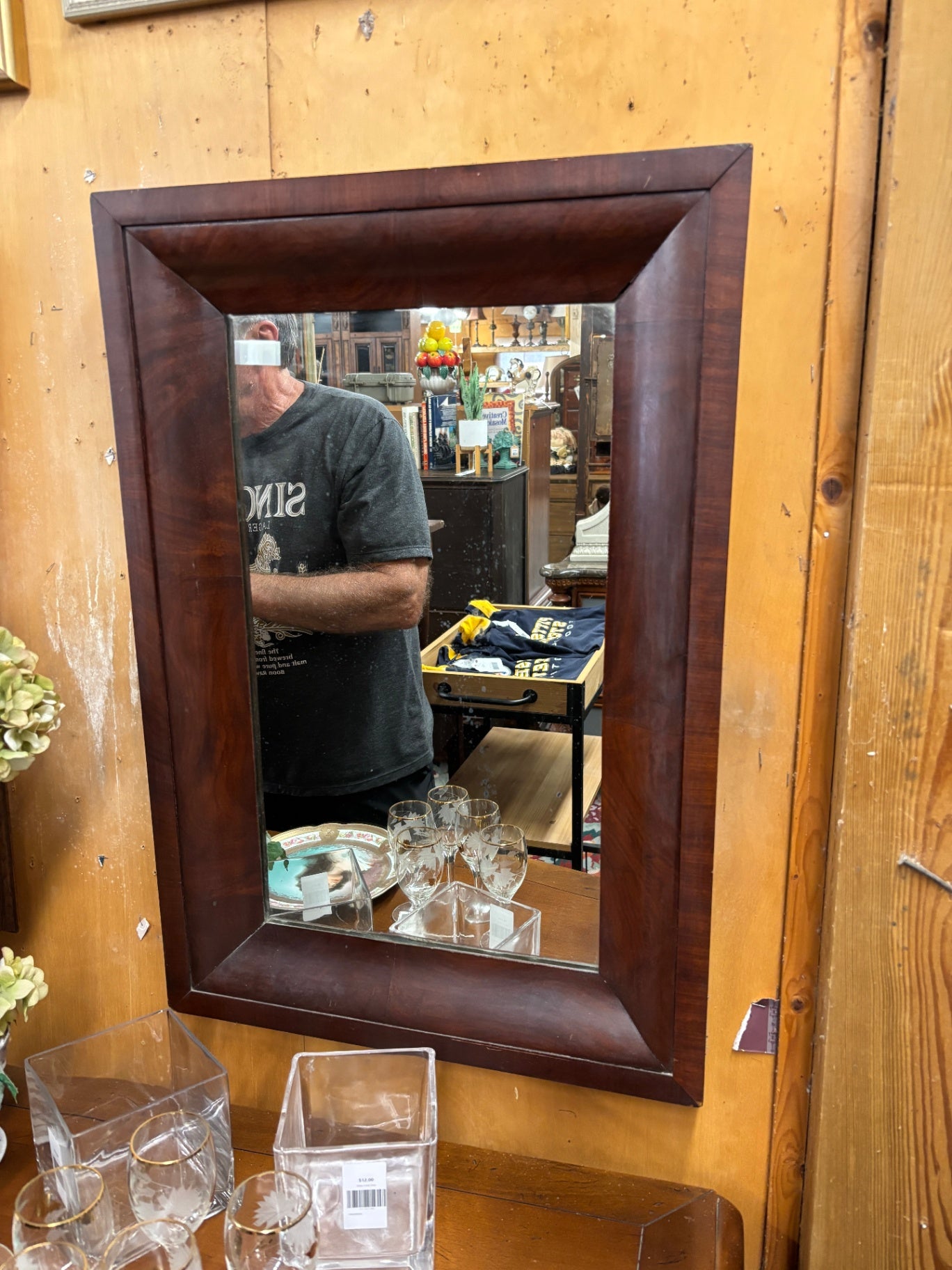 Contemporary Beveled Walnut Finish Wall Mirror with Wide Geometric Frame