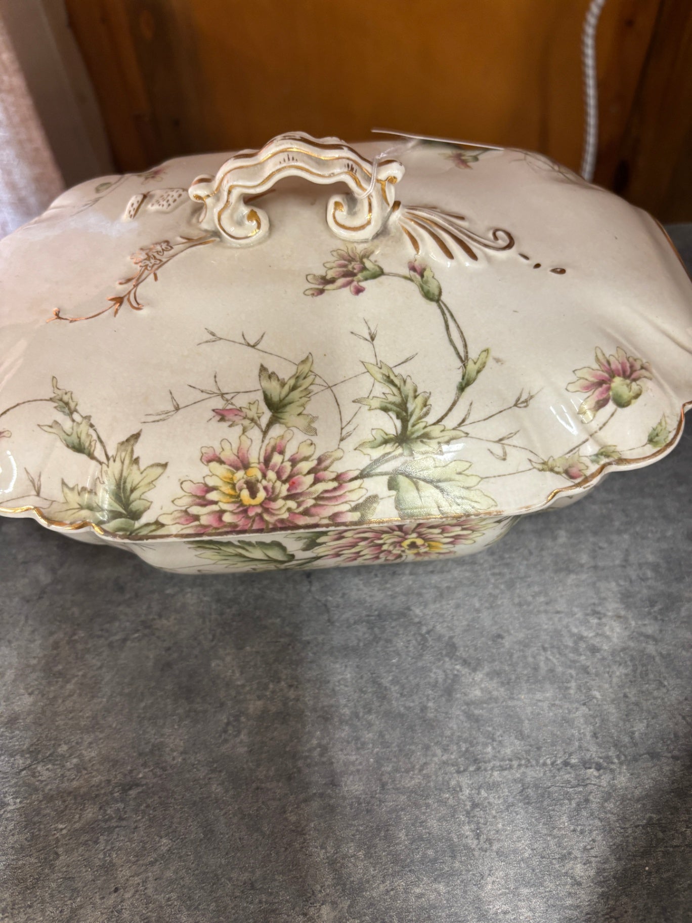 Antique Victorian Floral Covered Vegetable Tureen – Embossed Porcelain Serving Dish with Lid – Late 19th/Early 20th Century