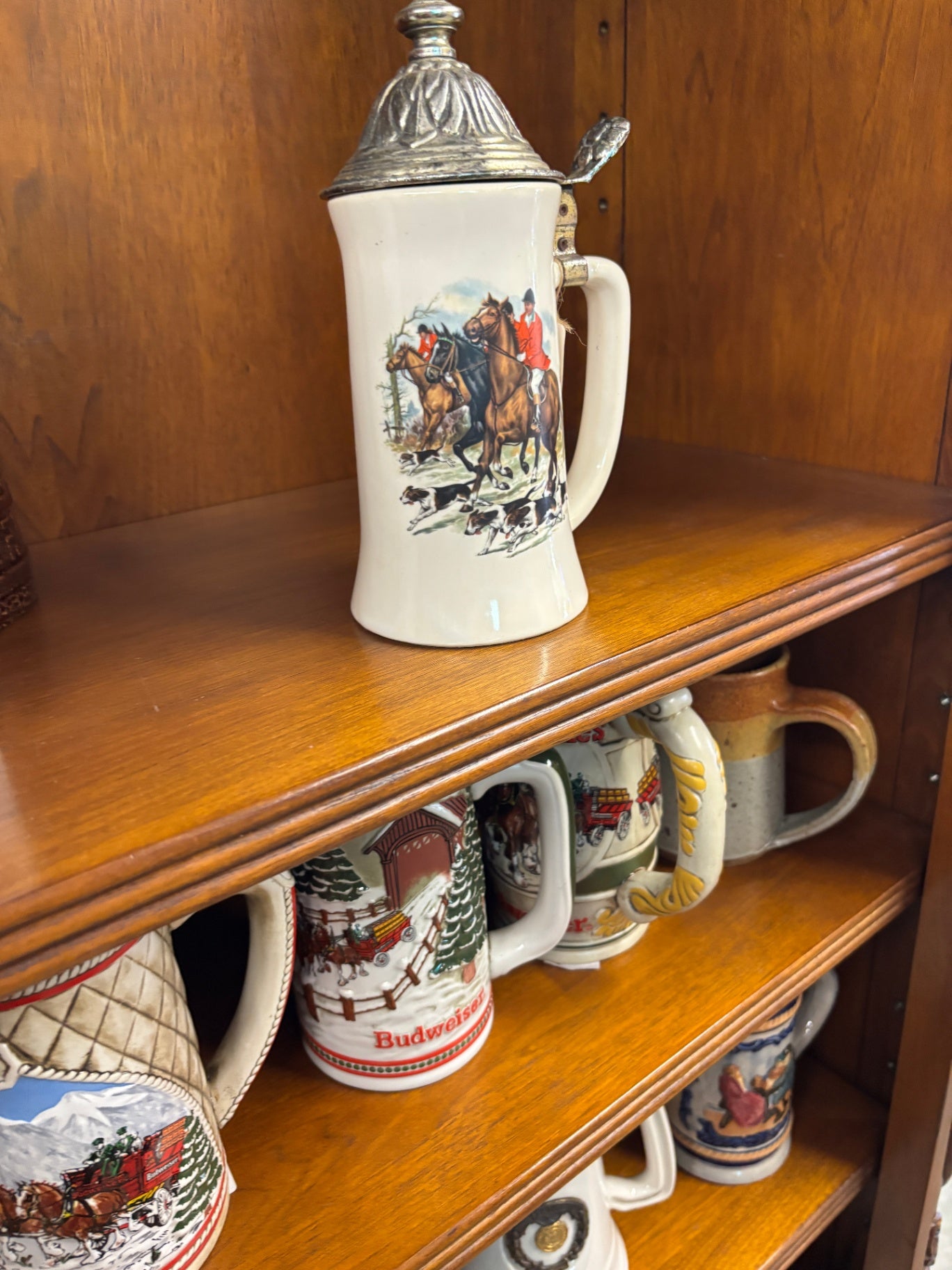 Vintage German Hunting Scene Ceramic Beer Stein with Pewter Lid