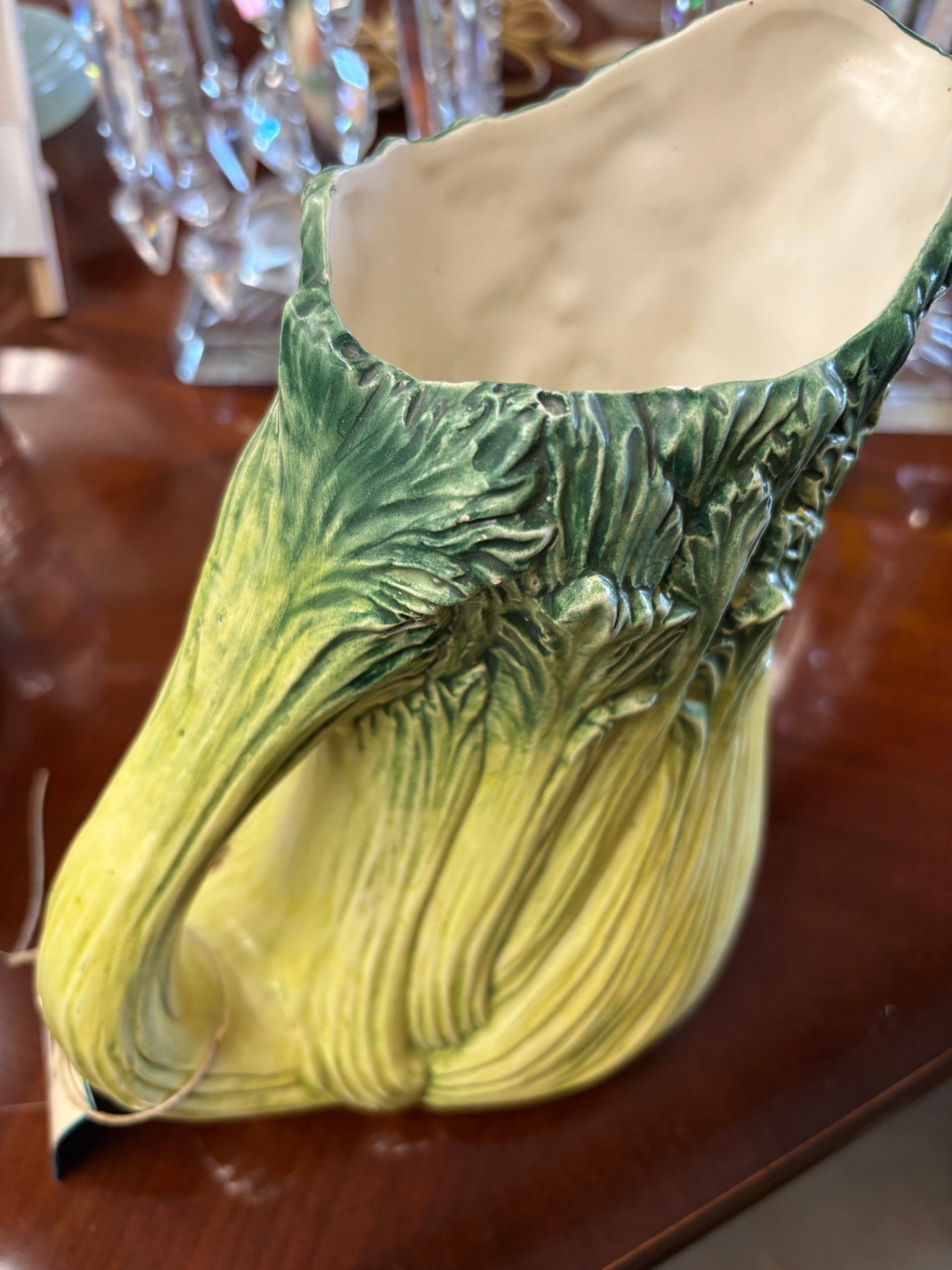 Vintage Majolica-Style Cabbage Leaf Ceramic Pitcher / Vase – Green & Cream Vegetable Form Decor