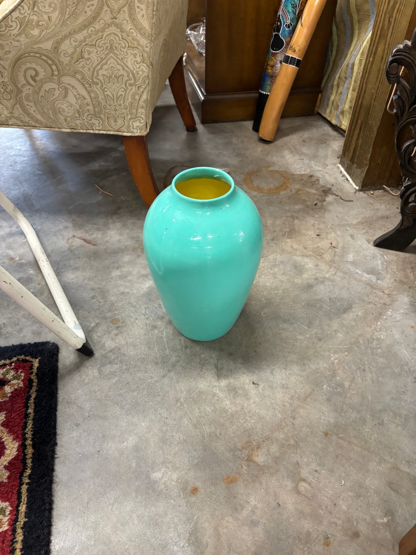 Vintage Turquoise Satin Glass Art Vase with Yellow Cased Interior