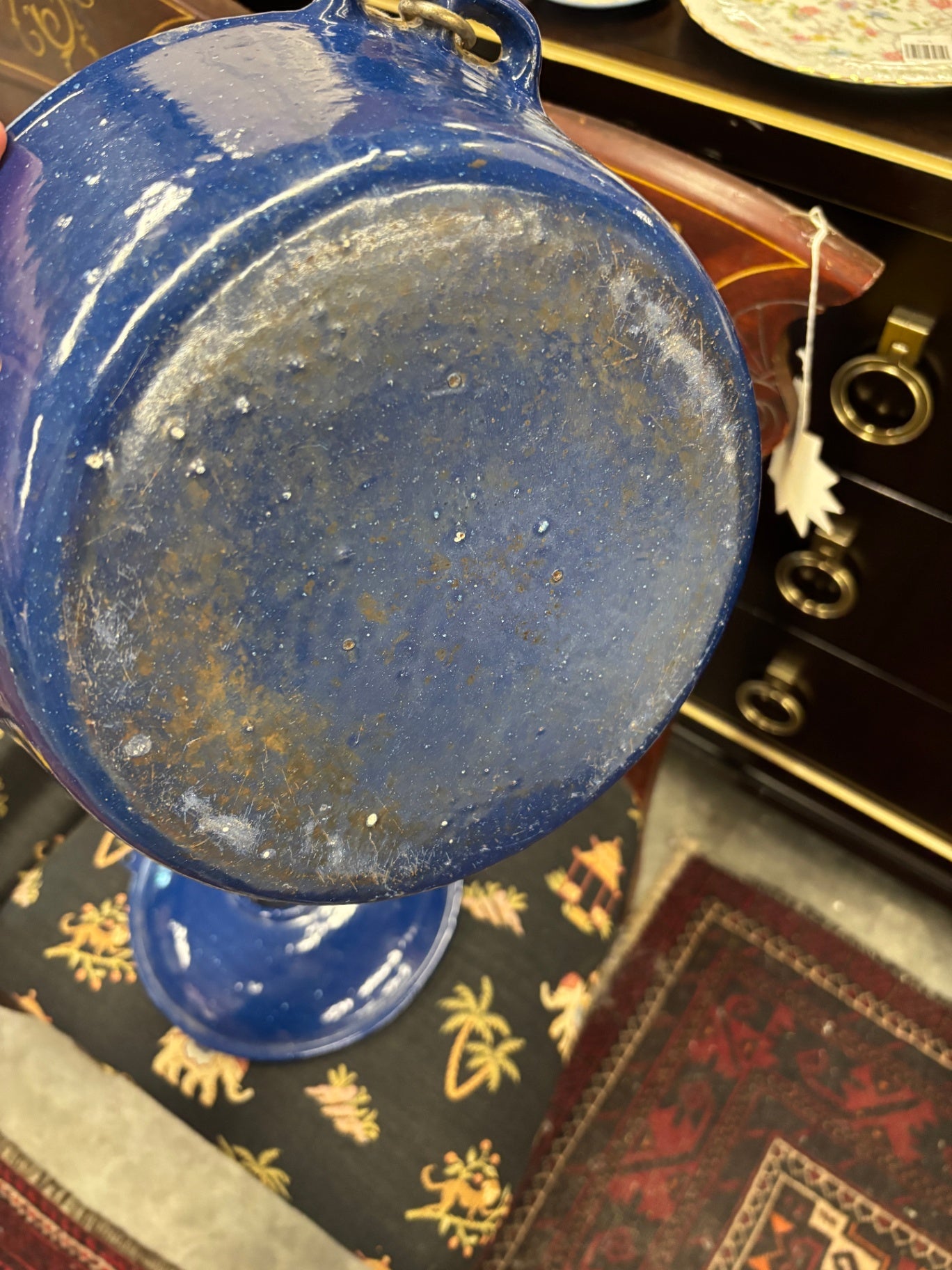 Vintage Cobalt Blue Porcelain Enamel Camp Oven Bean Pot with Bail Handle & Vented Lid