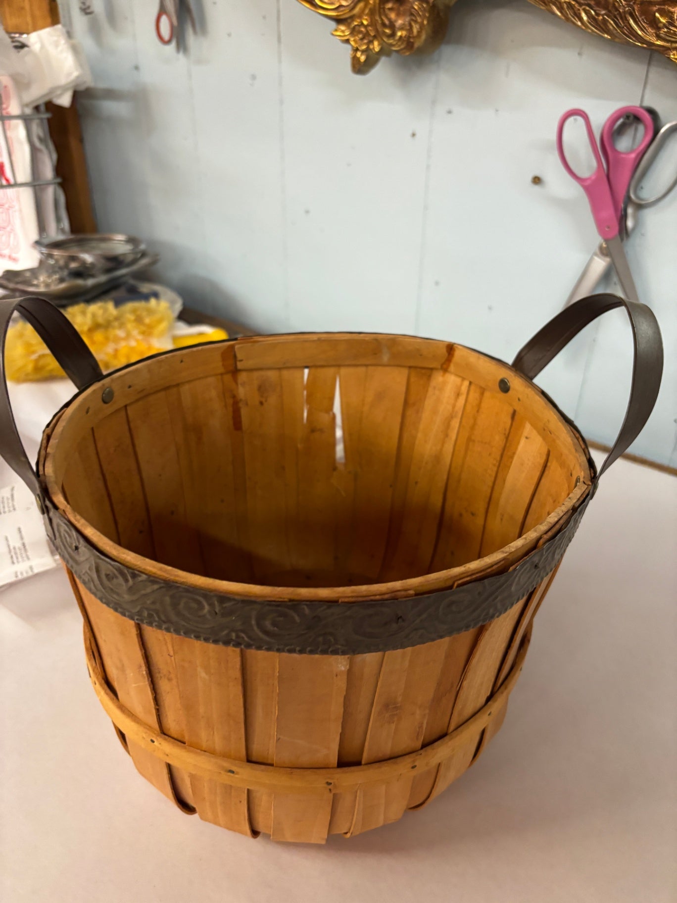 Vintage Handcrafted Wooden Bushel Basket with Wrought Iron Handles & Embossed Steel Band