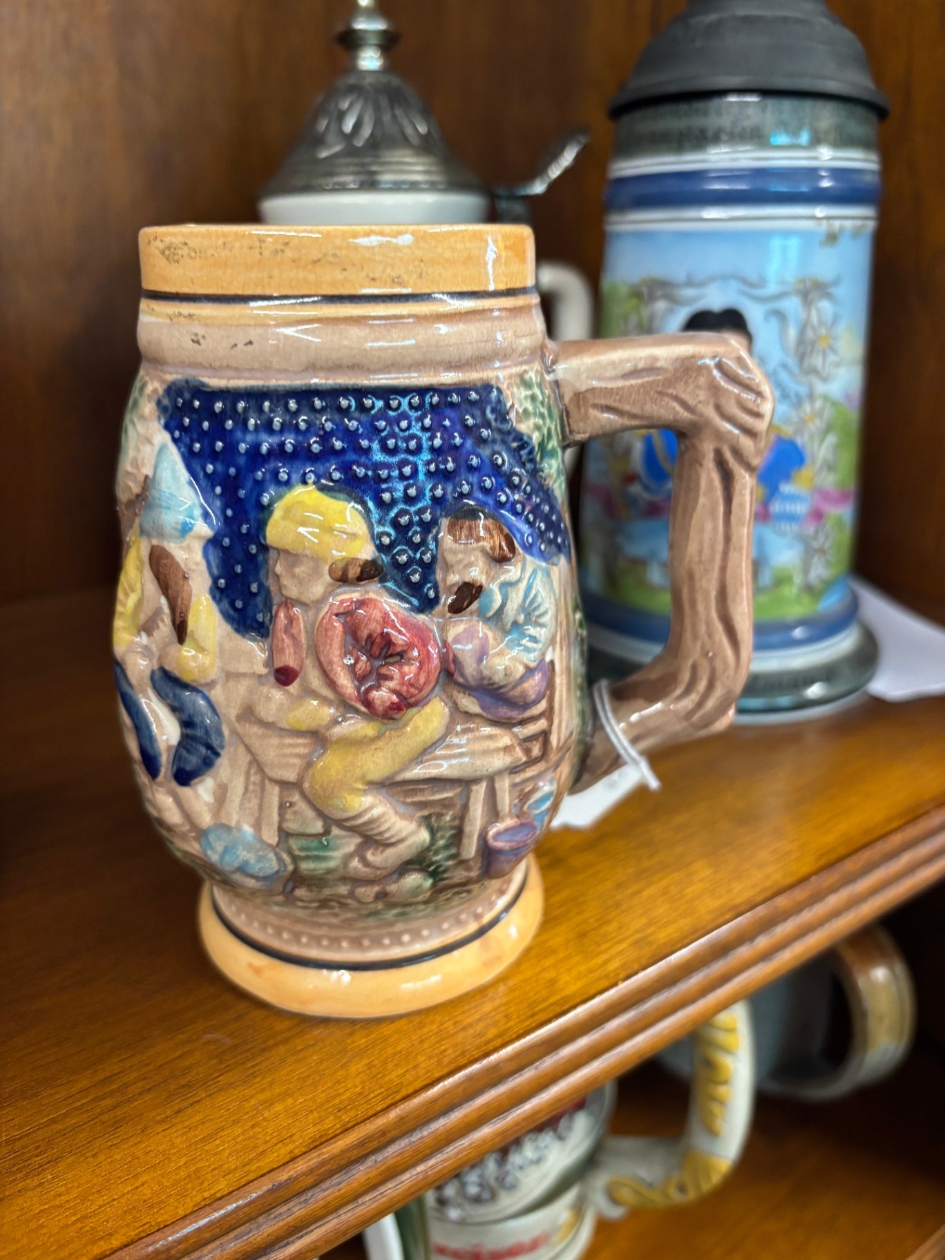 Vintage German Stoneware Relief Beer Stein – Tavern Scene Ceramic Mug with Branch Handle