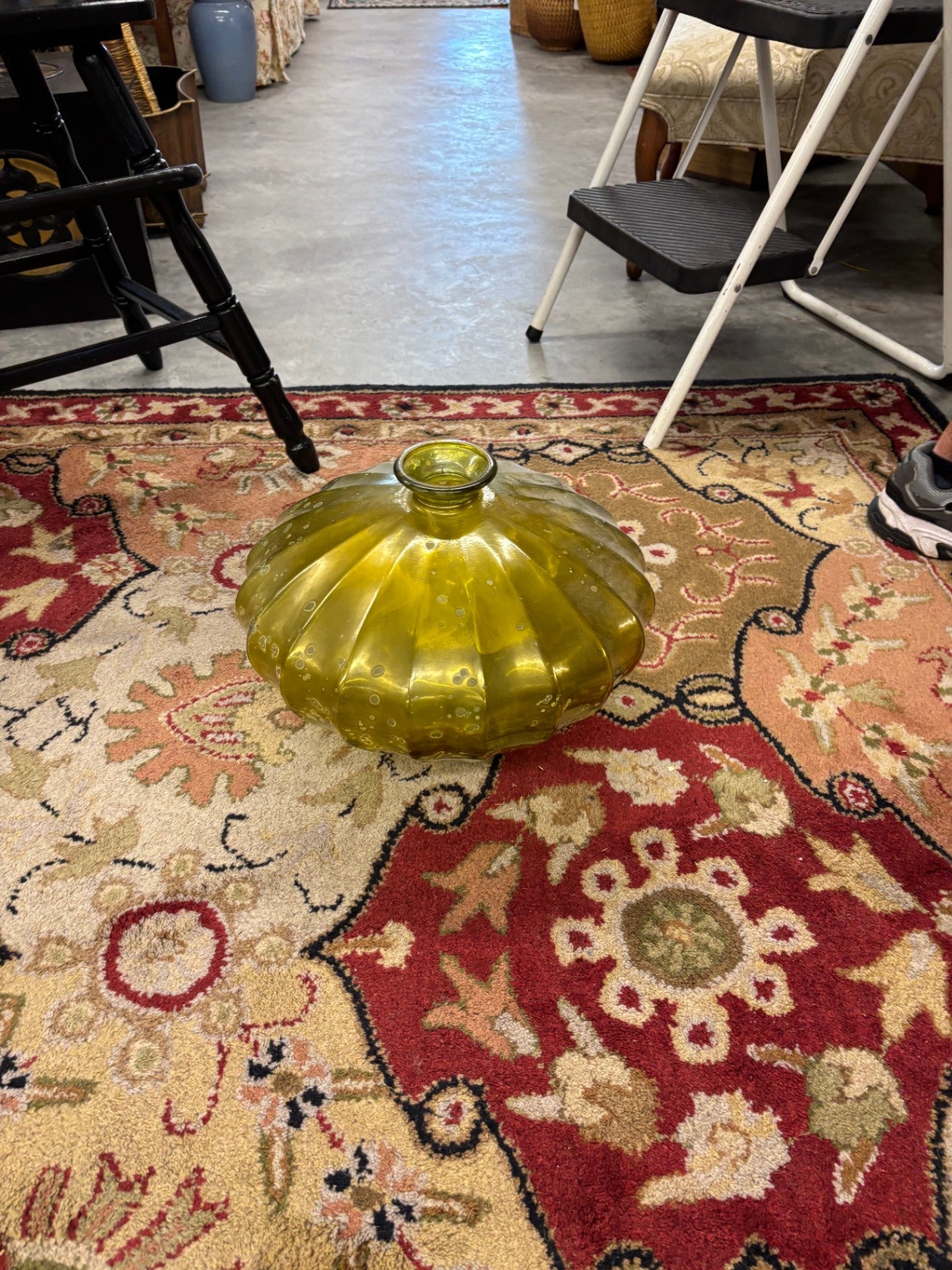  vintage Vidrios San Miguel olive green recycled glass bulb vase from Spain, featuring a fluted or ribbed melon shape.