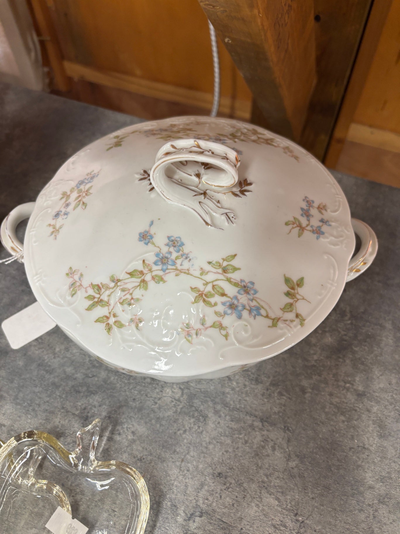 Antique Imperial Karlsbad China Covered Vegetable Tureen – Blue Floral Embossed Bohemian Porcelain – Czechoslovakia