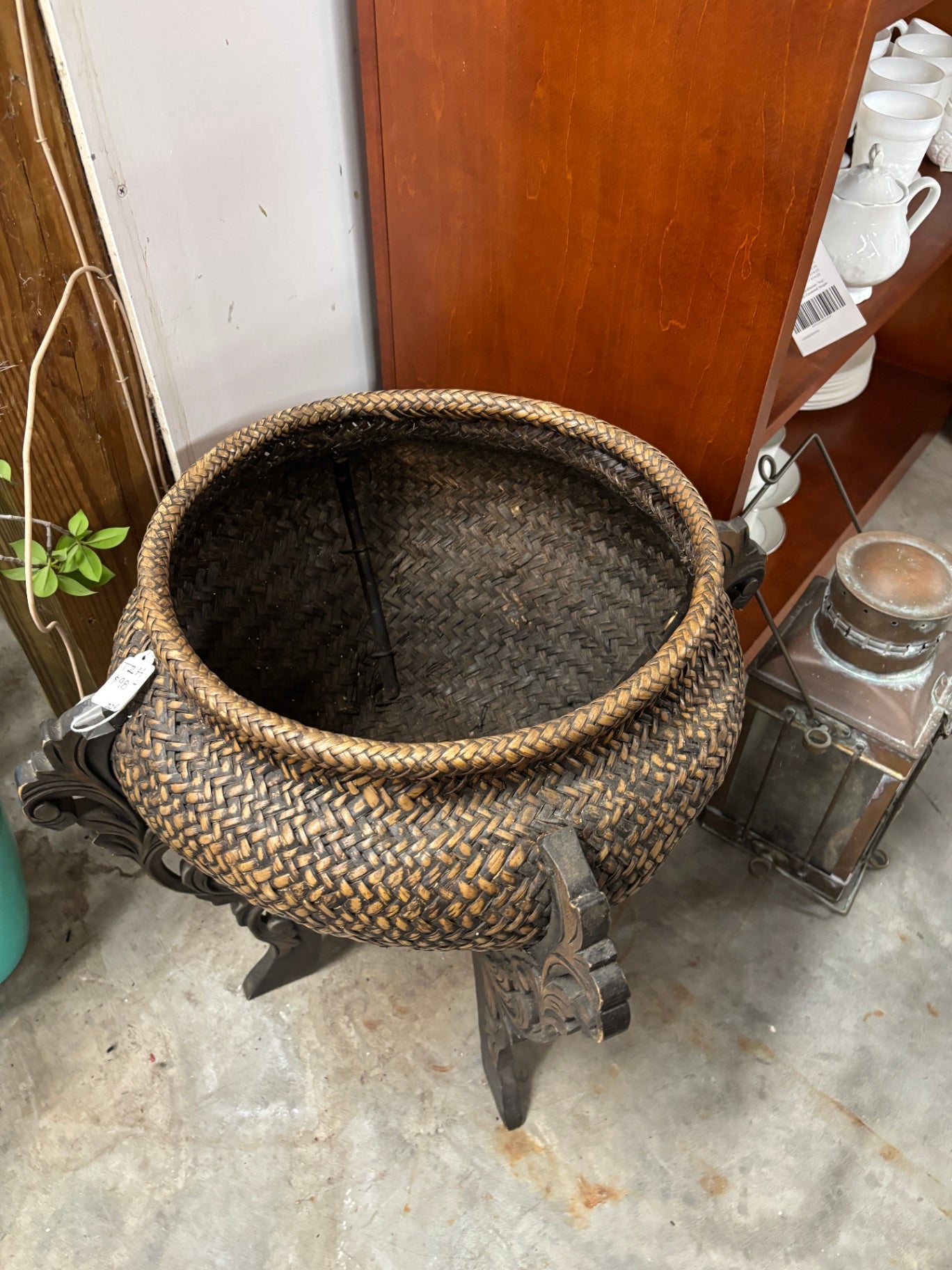 Large Handwoven Rattan Basket Planter on Hand-Carved Wooden Stand