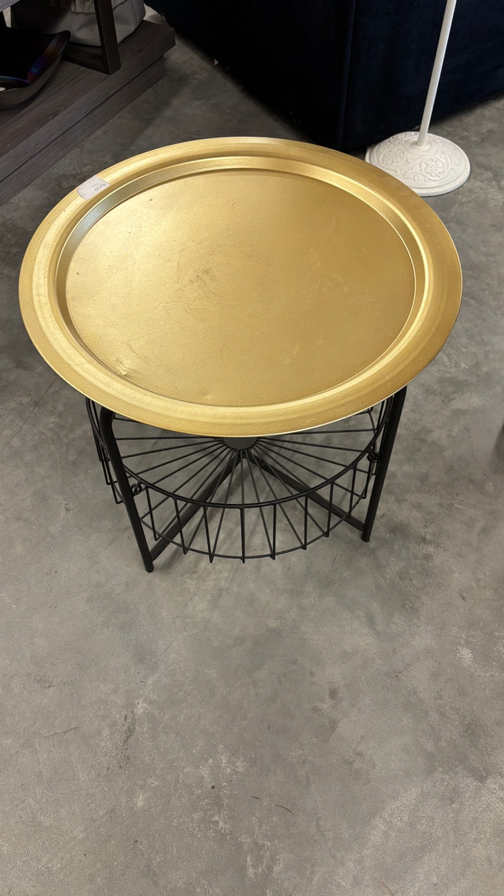 Contemporary Gold Tray Top Accent Side Table with Black Metal Magazine Rack Base