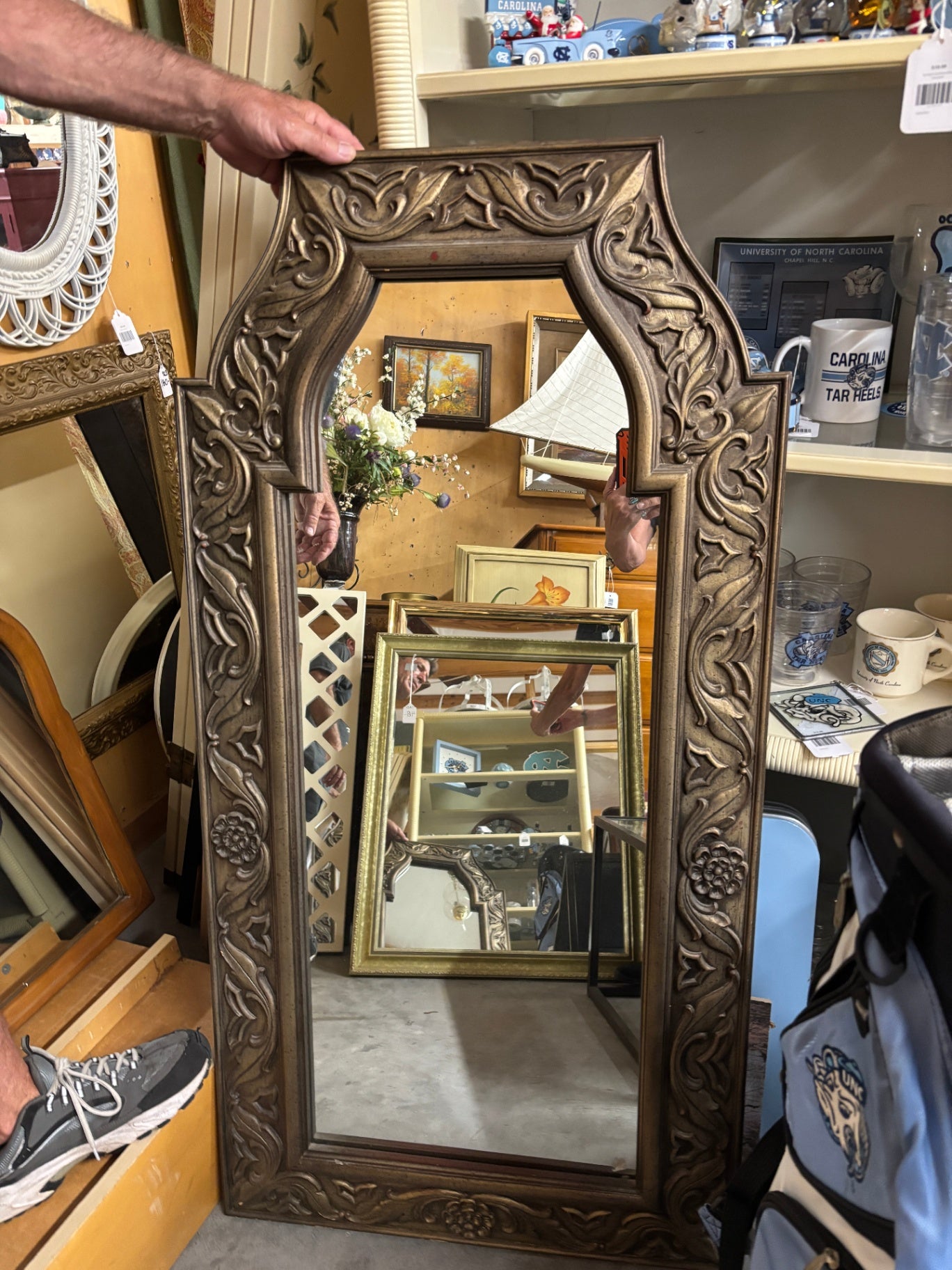 Vintage Moroccan-Style Carved Wall Mirror with Ornate Moorish Frame – Antiqued Bronze Finish