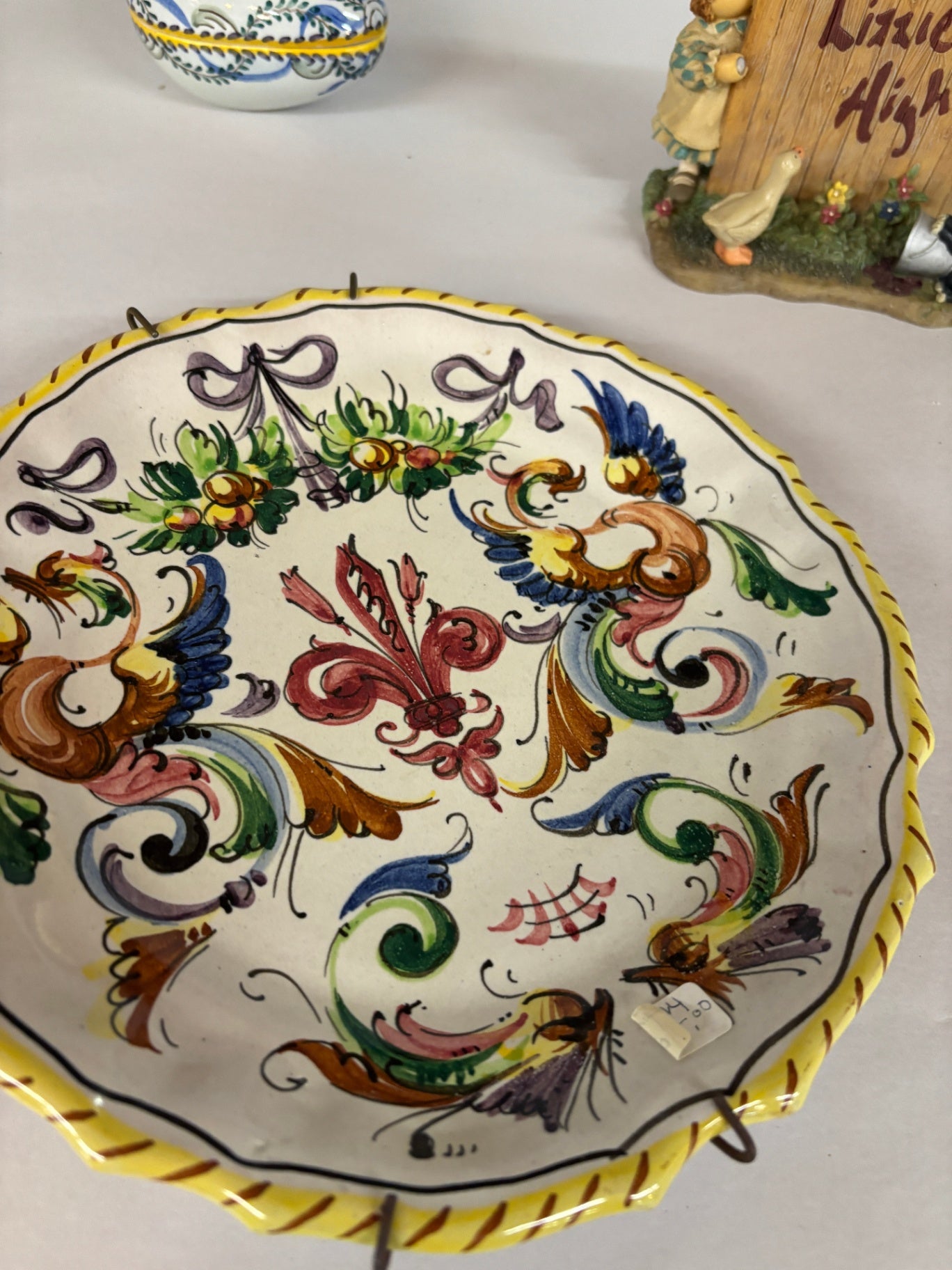 Vintage Italian Hand-Painted Faience Majolica Wall Charger with Renaissance Scrollwork
