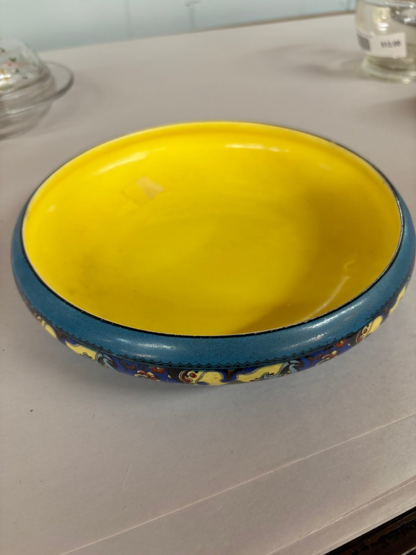 Vintage Art Deco Style Hand-Painted Ceramic Serving Bowl with Yellow Interior  Description: