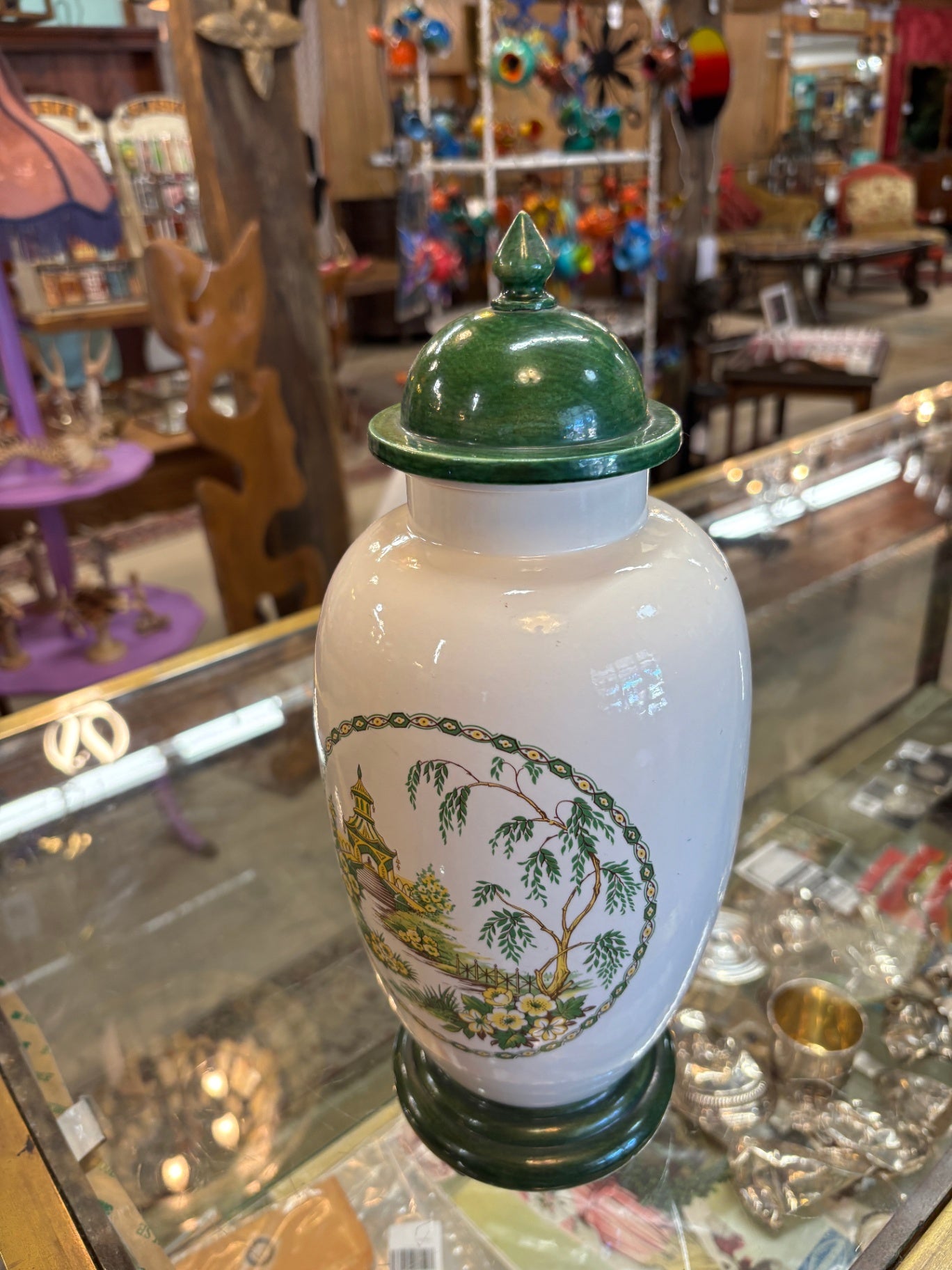 Vintage Chinese-Style Porcelain Ginger Jar with Green Glazed Lid & Pagoda Landscape Motif