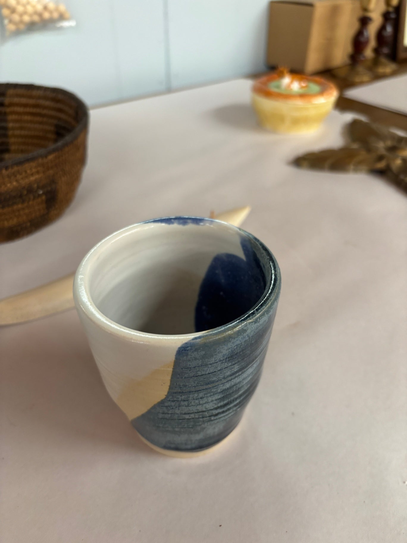 Handcrafted Studio Pottery Espresso Cup / Small Ceramic Tumbler in Blue & White Glaze