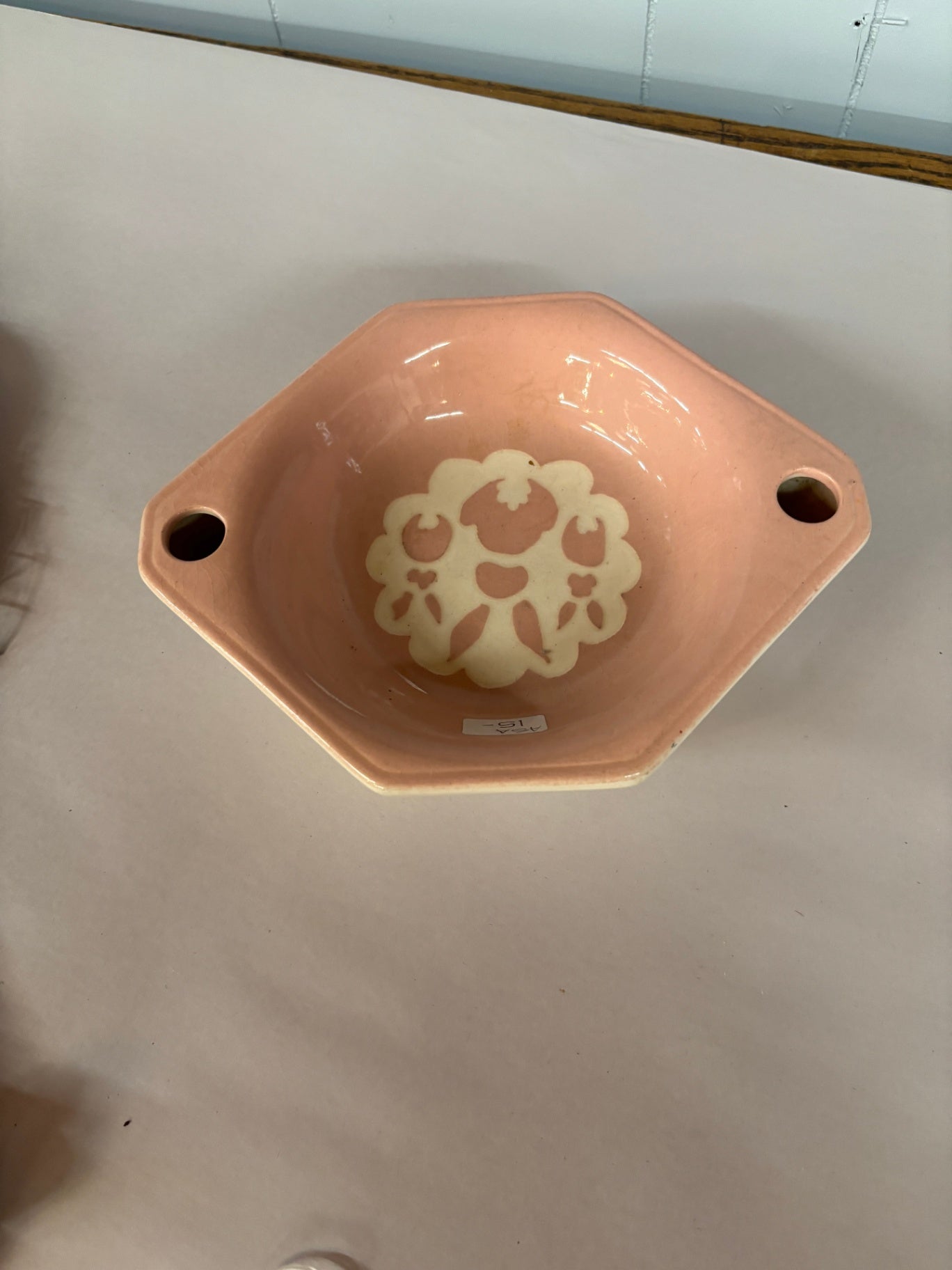 Vintage Mid-Century Modern Pink Pottery Handled Serving Bowl with Floral Center Medallion