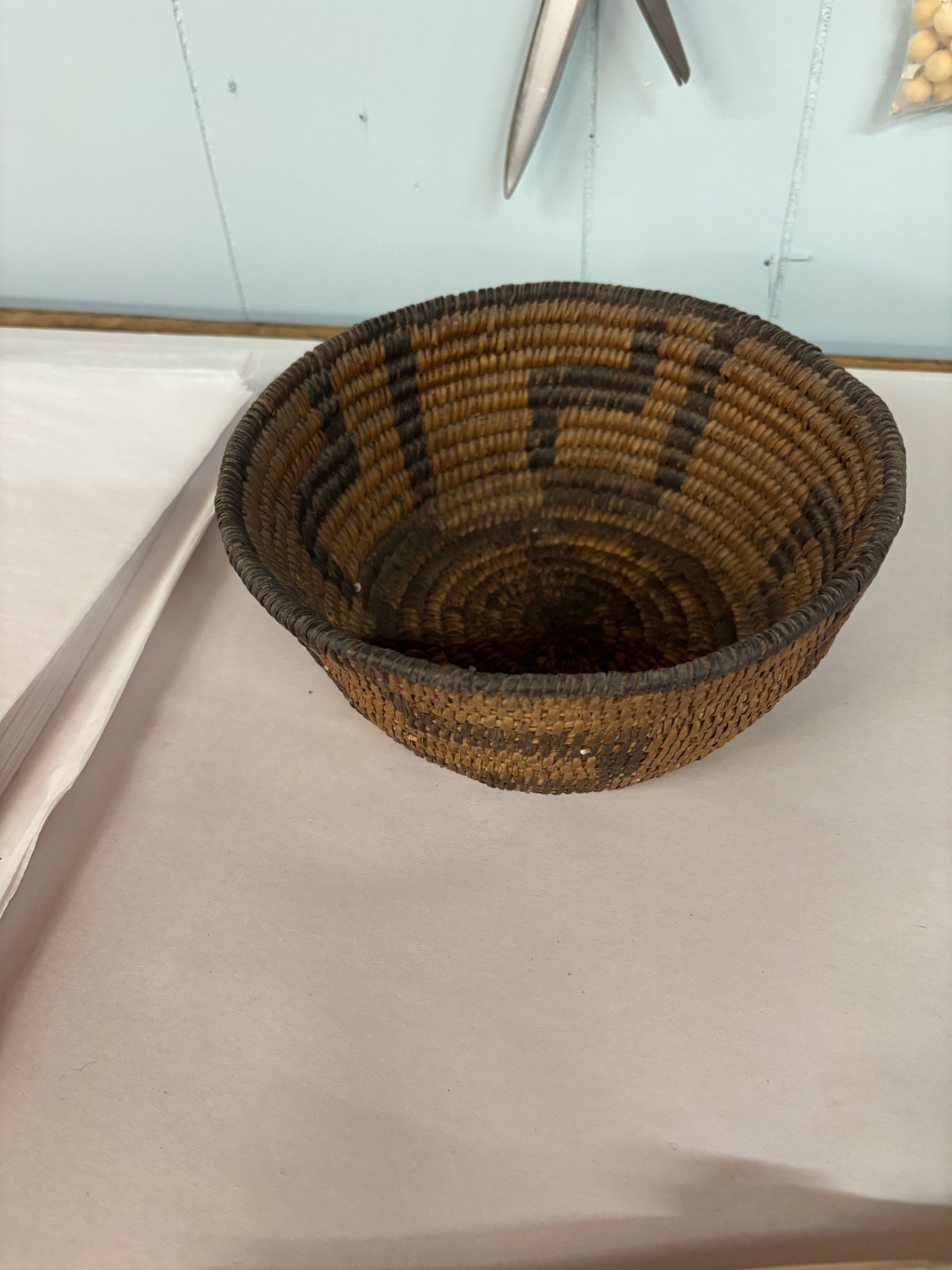 Vintage Native American Handwoven Coiled Utility Basket with Geometric Pattern