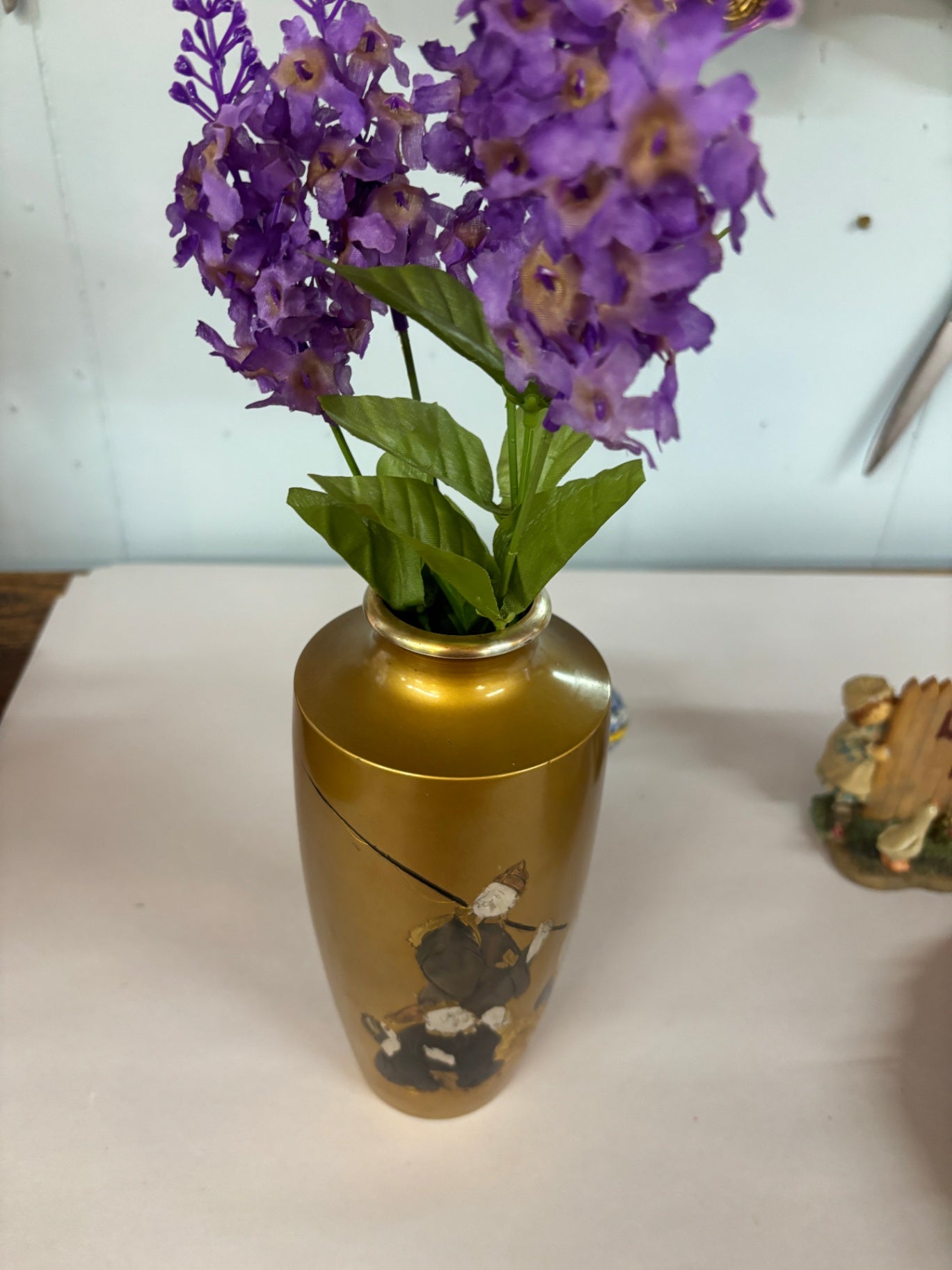 Vintage Japanese Gold Lacquer Floral Cabinet Vase with Hand-Painted Figures