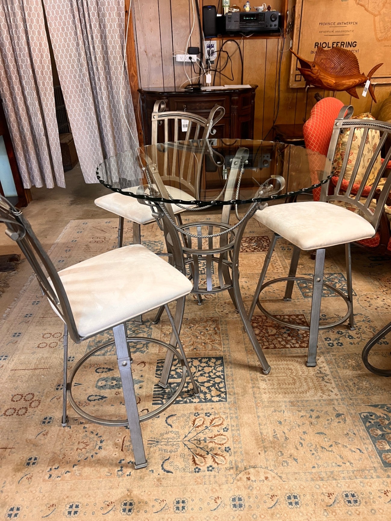 Vintage Scalloped Edge Glass-Top Counter Height Bistro Dining Set with 4 Swivel Stools