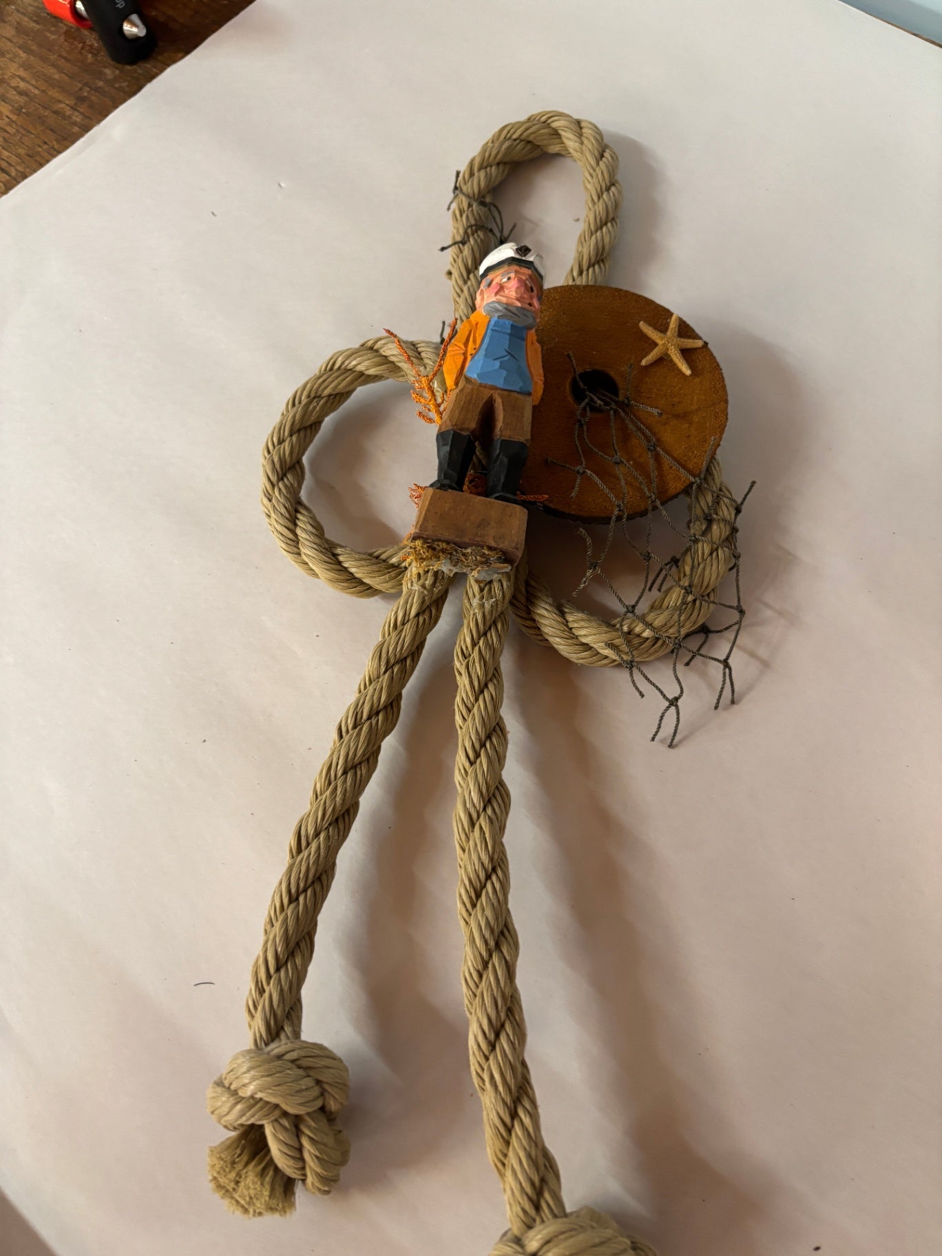 Vintage Nautical Carved Sailor Rope Wall Hanging with Pulley, Fishing Net & Starfish Decor
