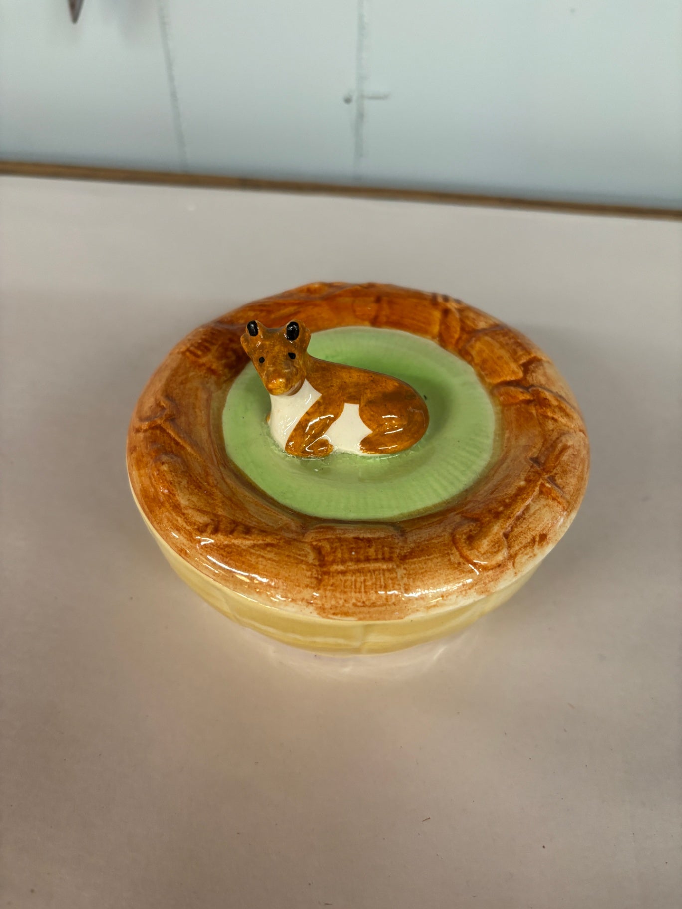 Vintage Hand-Painted Ceramic Trinket Box with Whippet/Greyhound Finial Lid