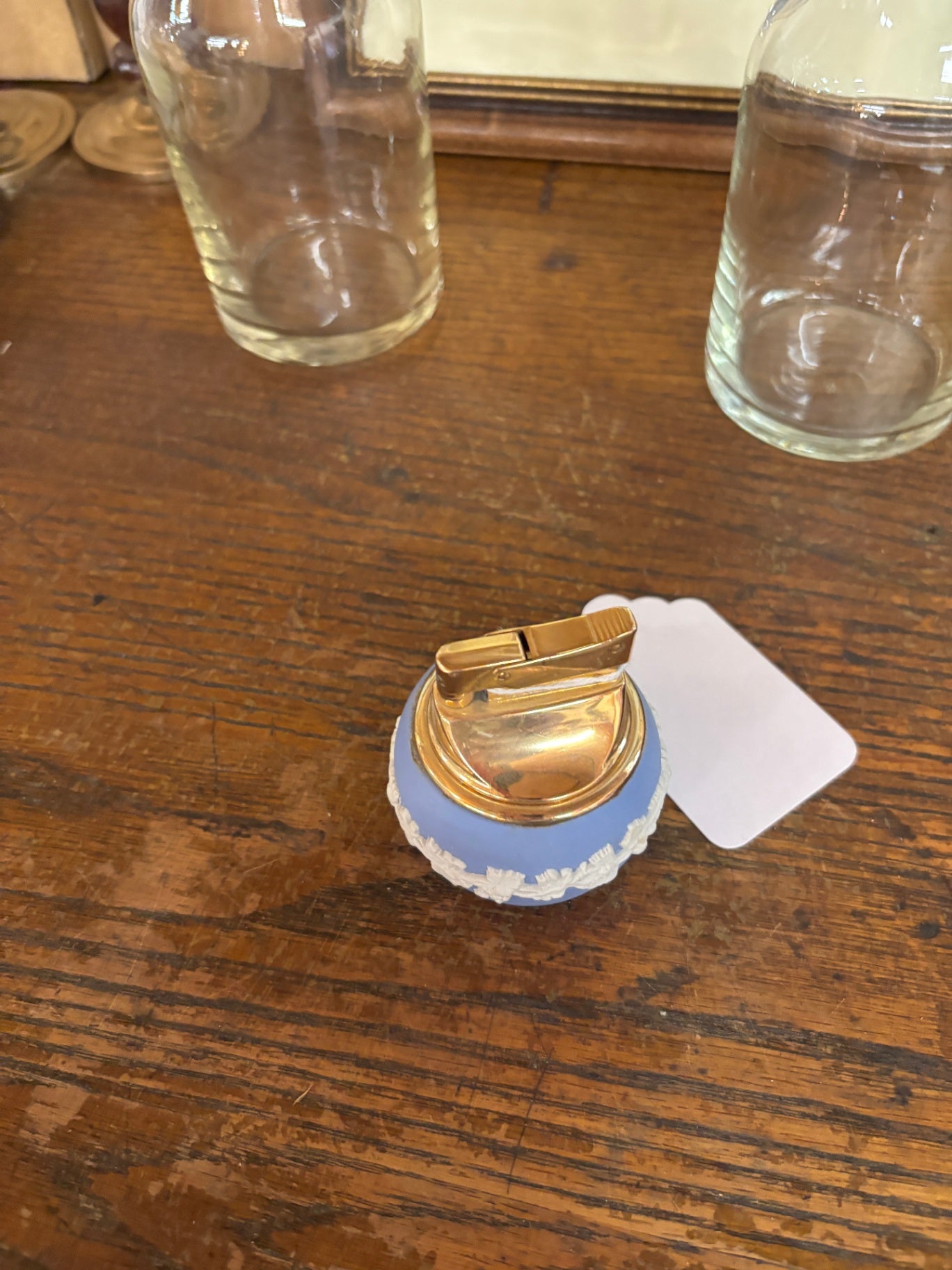 Vintage Wedgewood Blue Jasper Hostess Table Lighter With Raised Grapevine Design Featuring Original Flame Crest Lighter