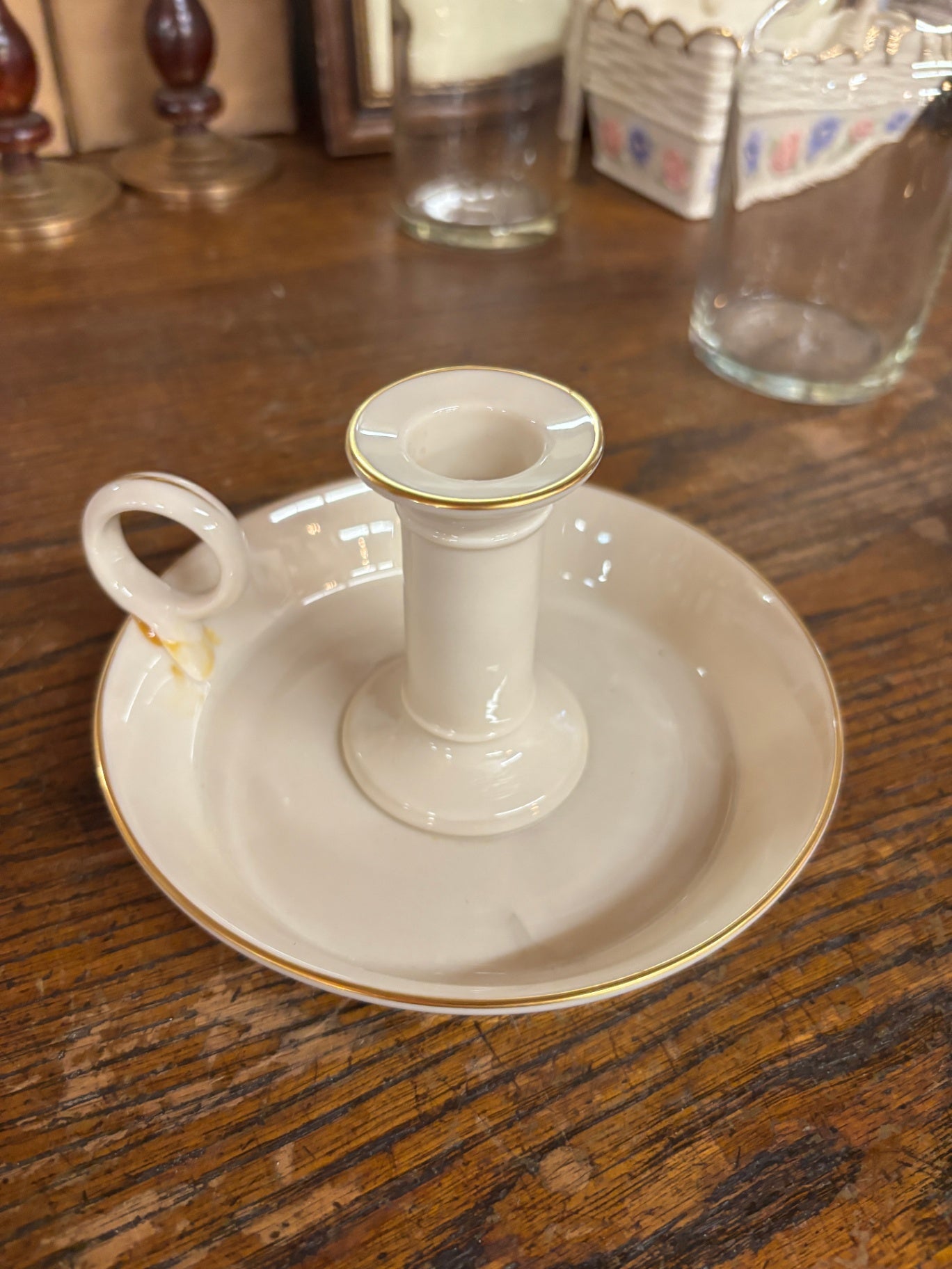 Vintage Porcelain Chamberstick Candlestick Holder by Lenox with 24K Gold Trim