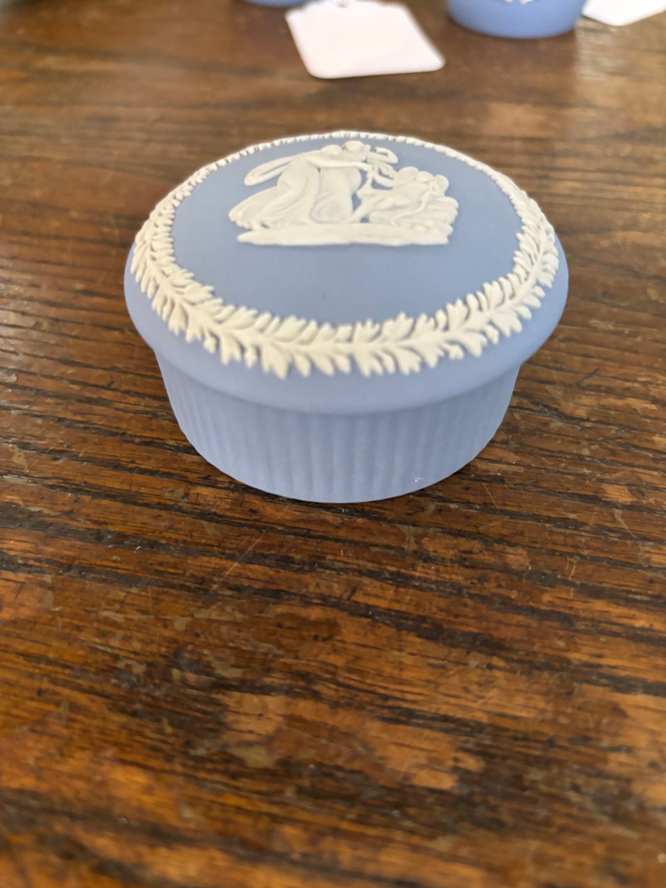 Vintage Wedgwood Classic Pale Blue and White Jasperware Round Cupcake Cupid Floral Trinket Box English Heritage Mothers day Gift for Her