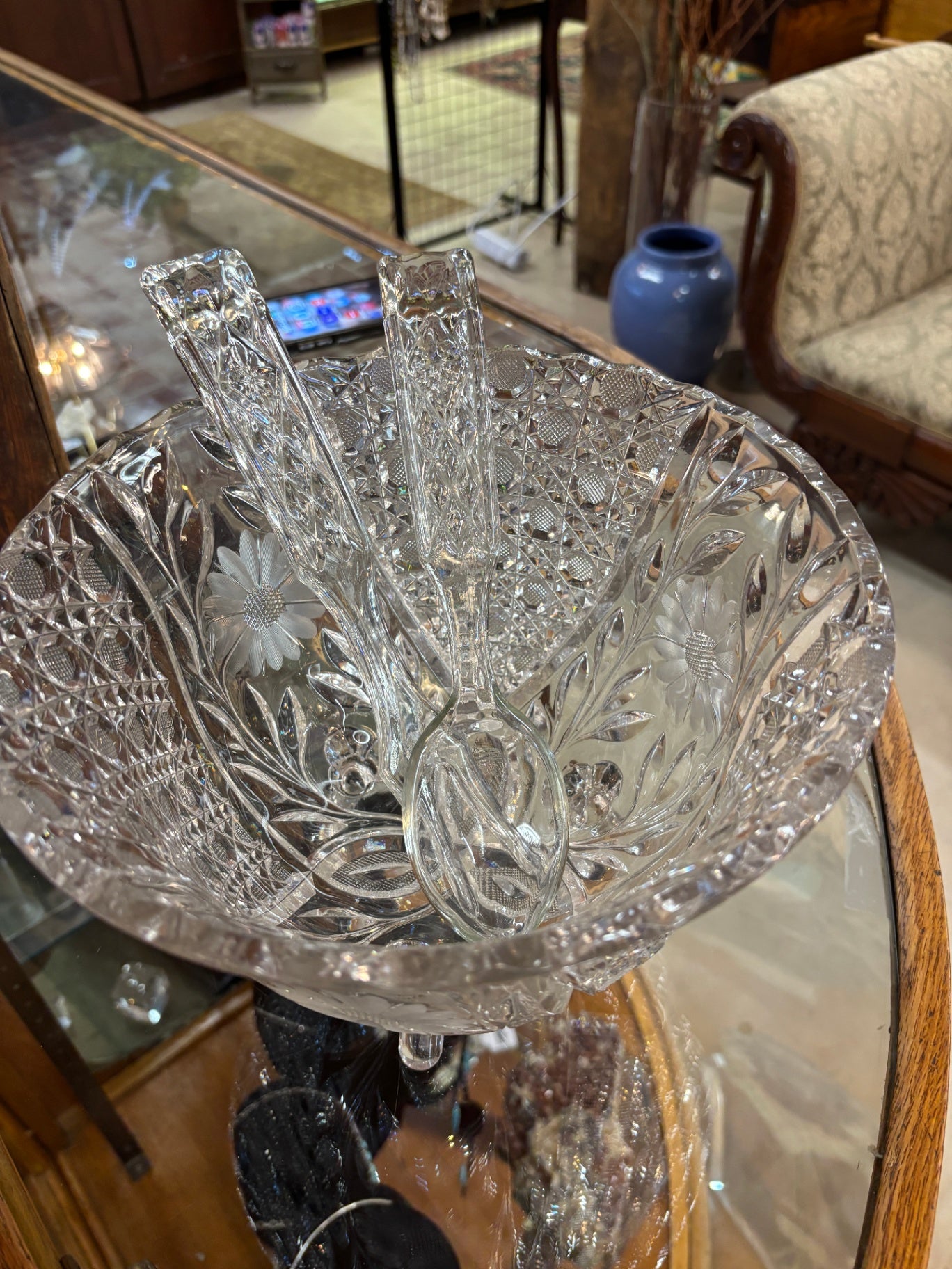 Crystal Salad Bowl With Utensils