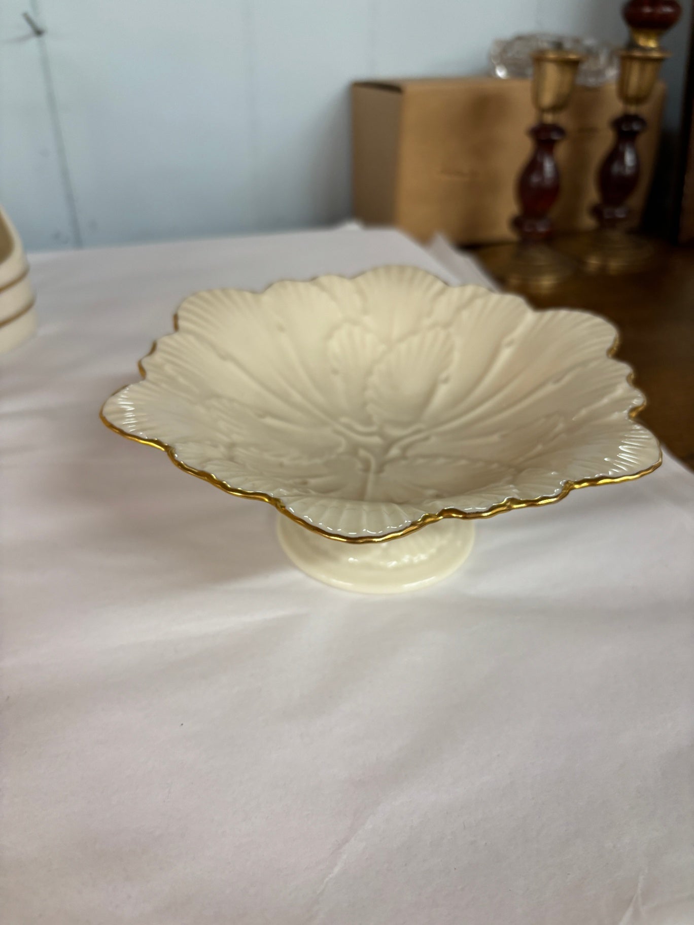Vintage Lenox Ivory Gold Trimmed Small Footed Pedestal Textured Candy Nut Dish