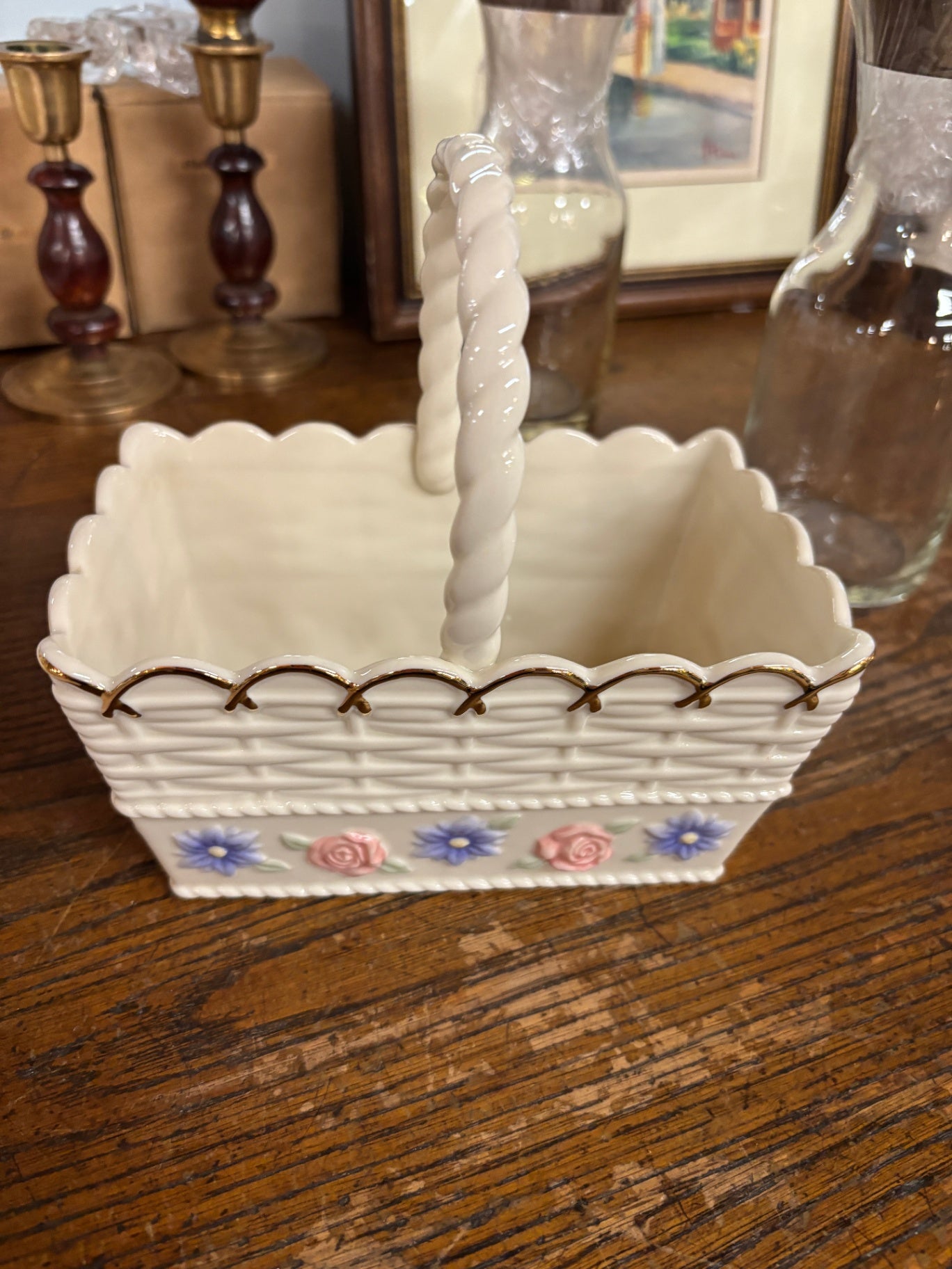 Lenox Porcelain Basket, Woven Texture, Floral Butterfly Accent
