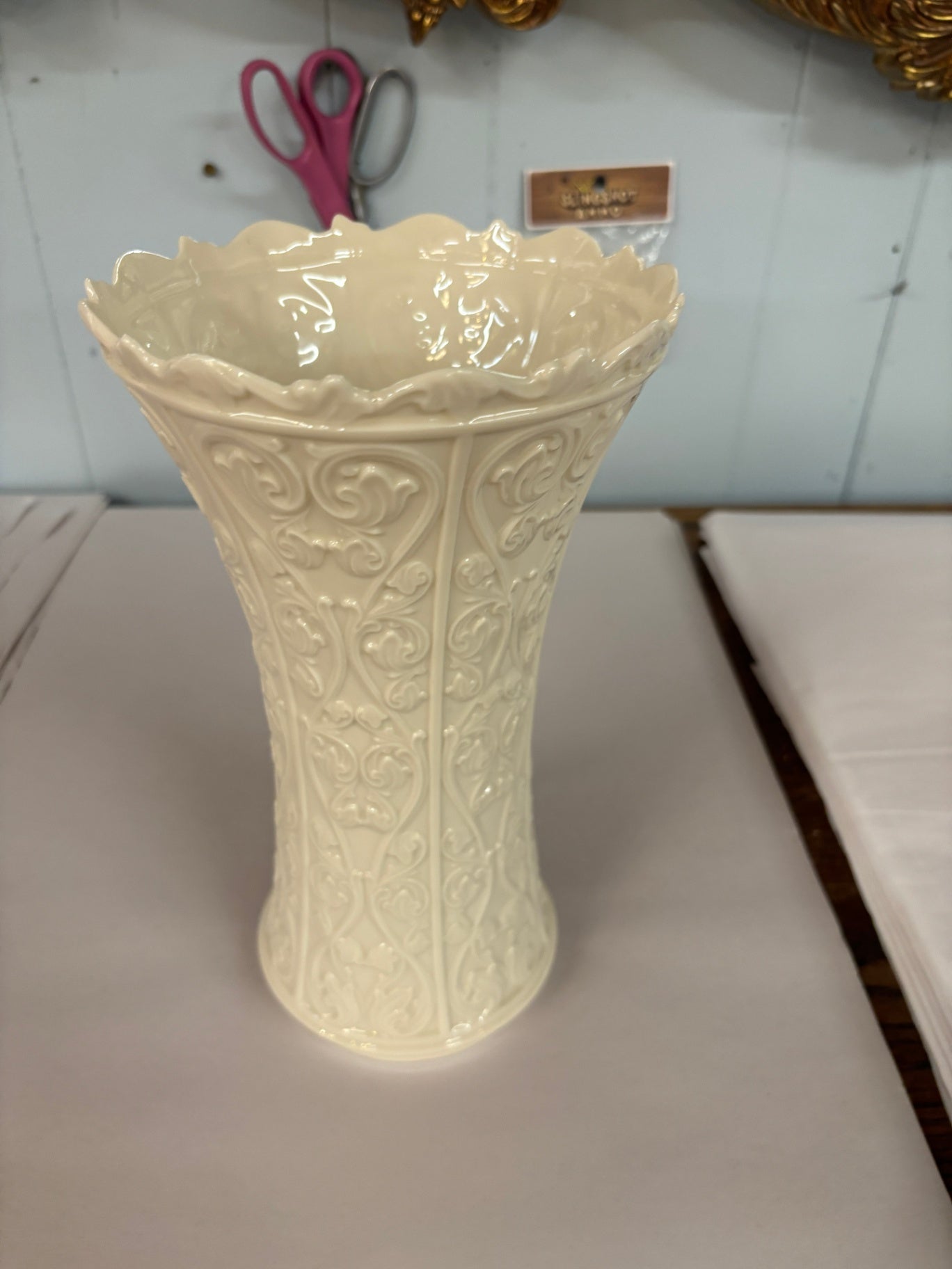Lennox Ivory Embossed Porcelain Floral Scroll Vase with Scalloped Rim