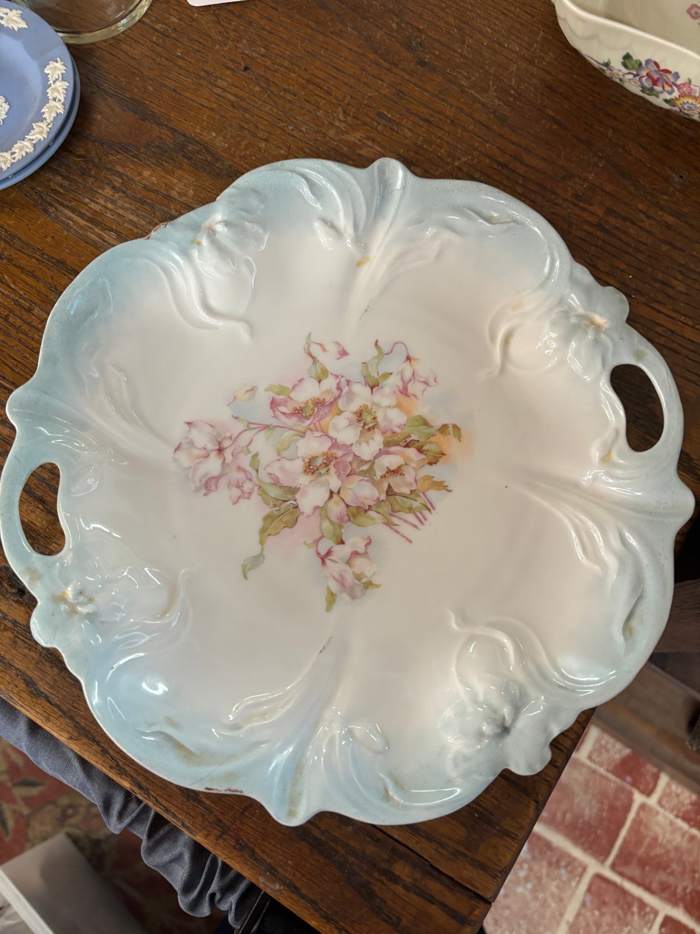 Vintage Porcelain Floral Serving Platter Plate Tray with Gold Trim Ruffled Edge