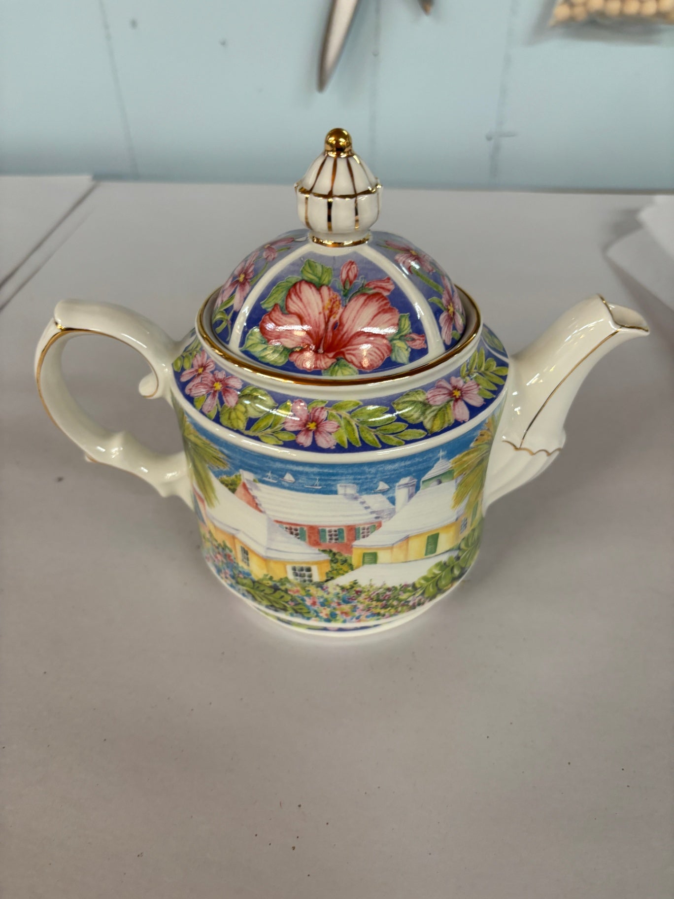 James Sadler Teapot Roof Tops Bermuda Vacation Hibiscus Flowers Gold Trim House