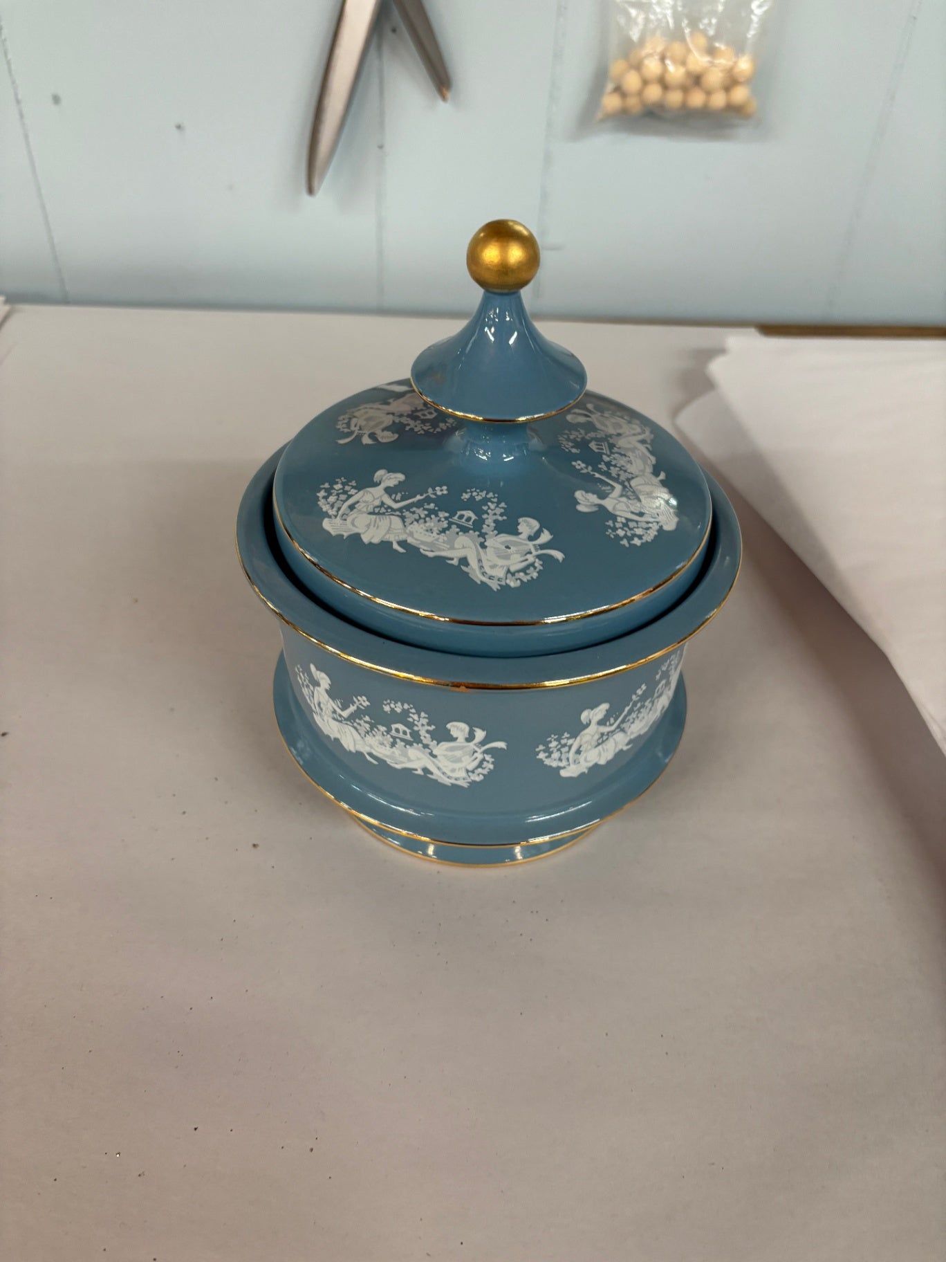 Vintage Blue Jasperware-Style Covered Trinket Box with Classical White Relief & Gold Trim