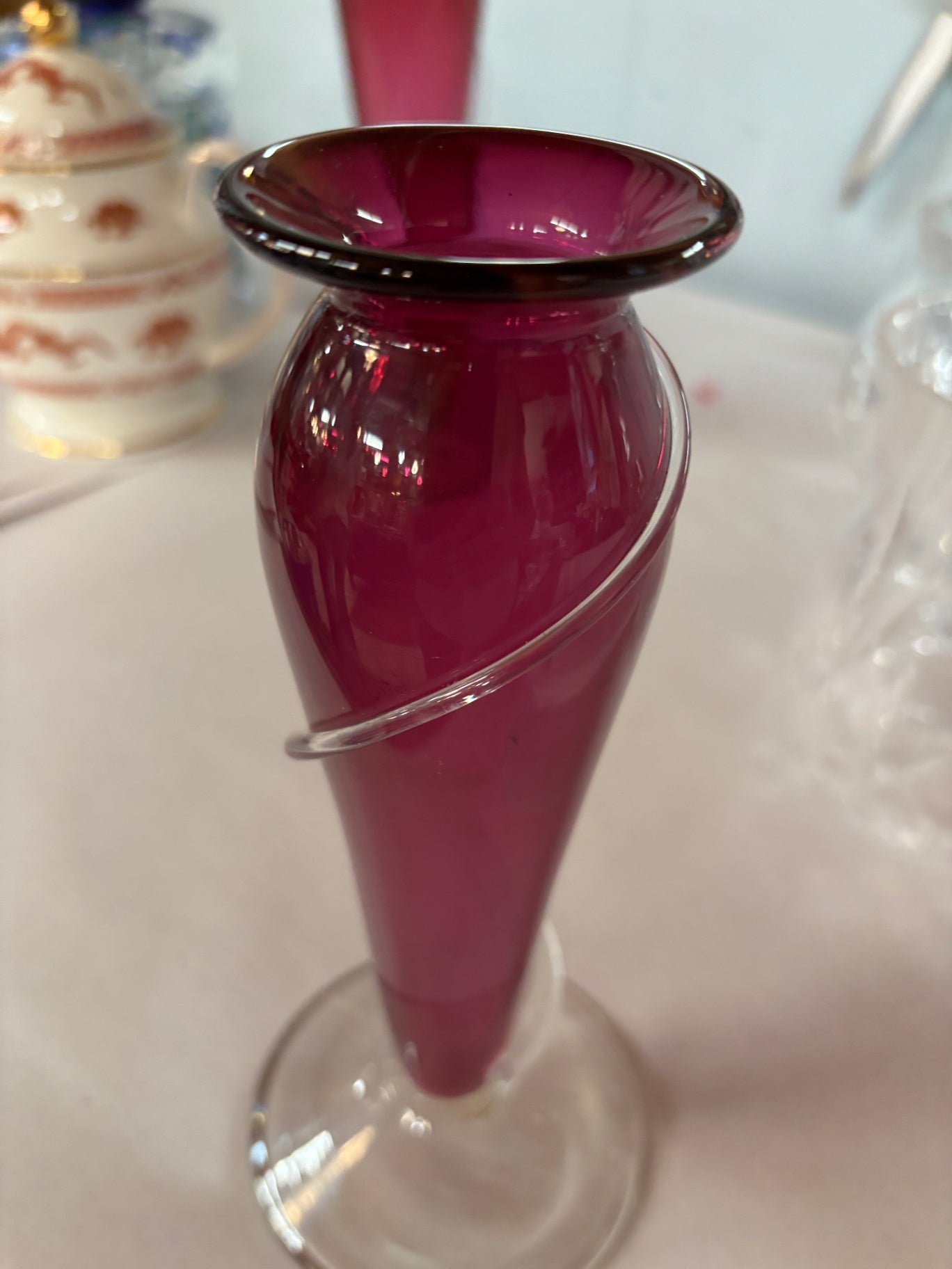  Hand Blown Art Glass Vase Cranberry Ruby Clear Spiral Trail