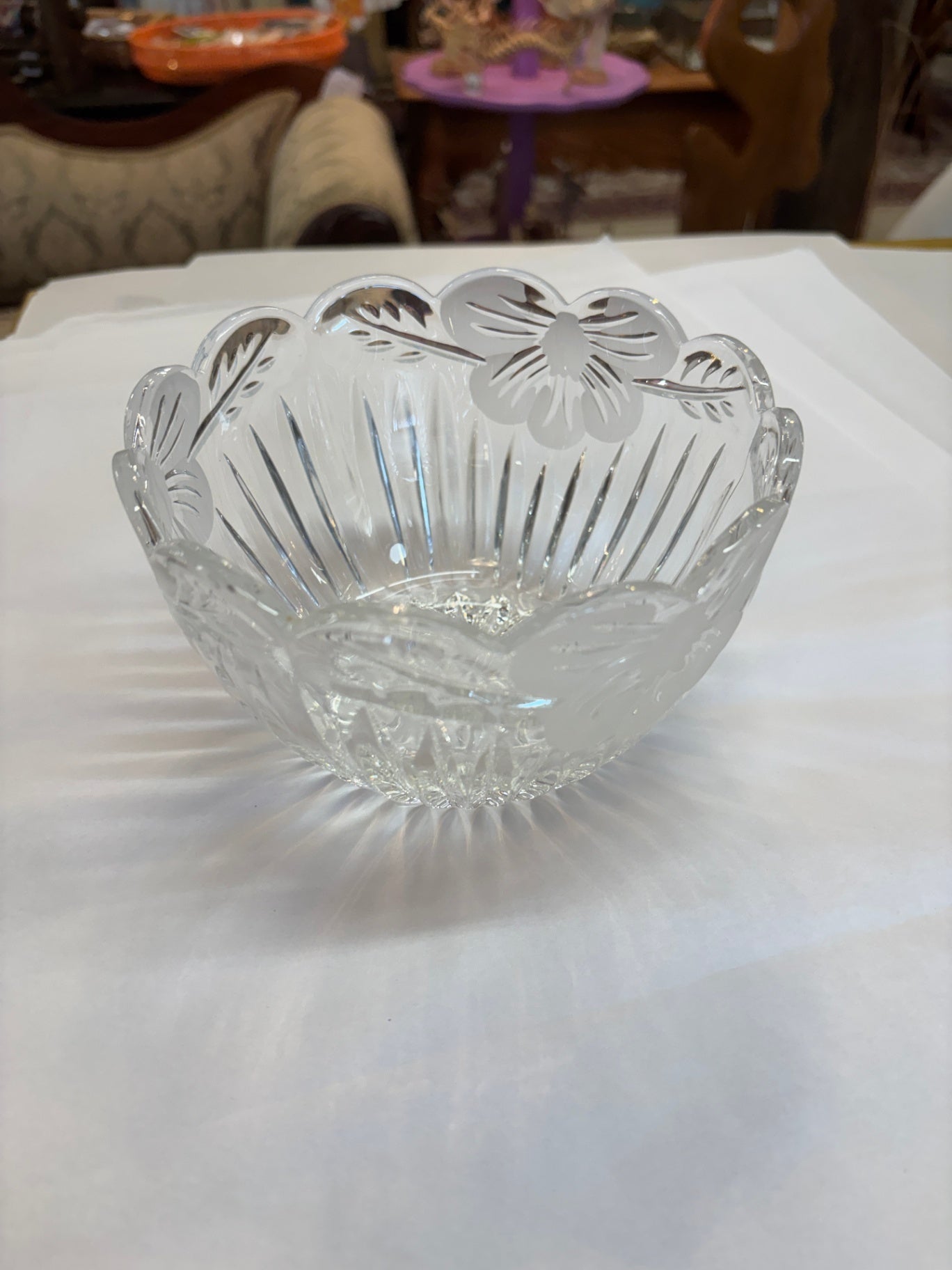 VTG Frosted Rose Bowl Fluted Scallop Rim Crystal