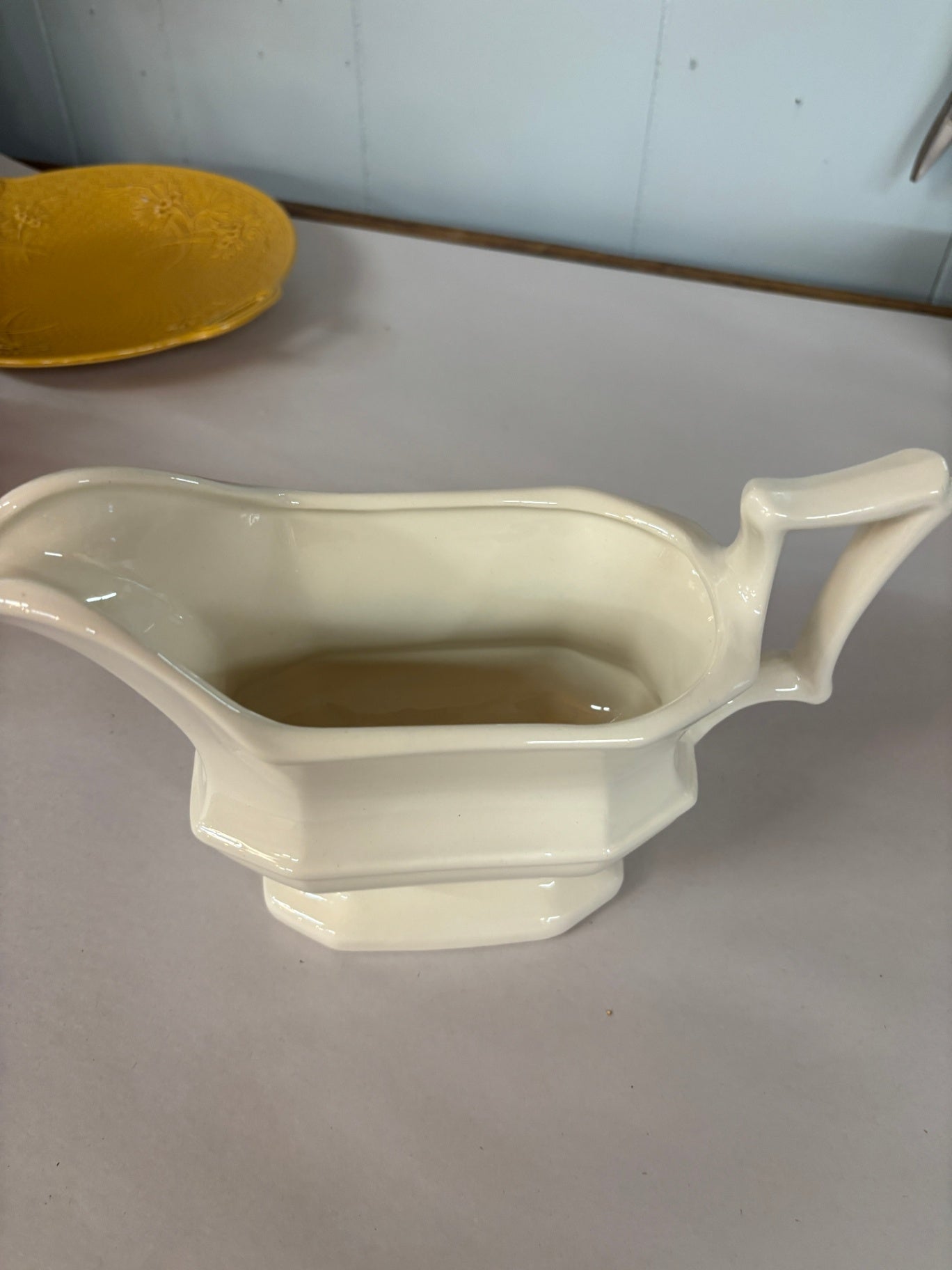 Vintage Ivory Ironstone Ceramic Gravy Boat with Octagonal Footed Base