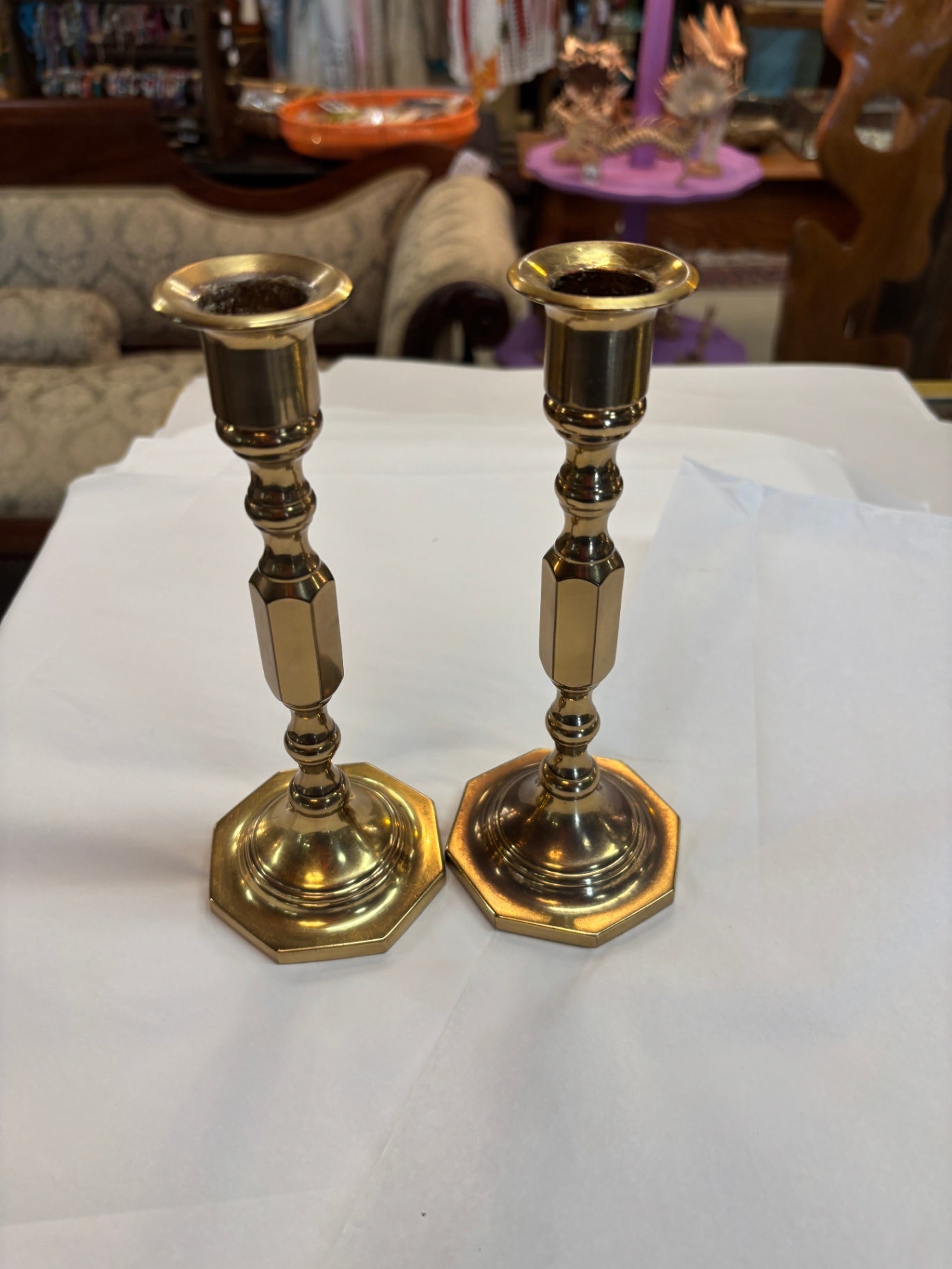 Vtg Solid Brass Candlestick Octagonal Base 7.25"